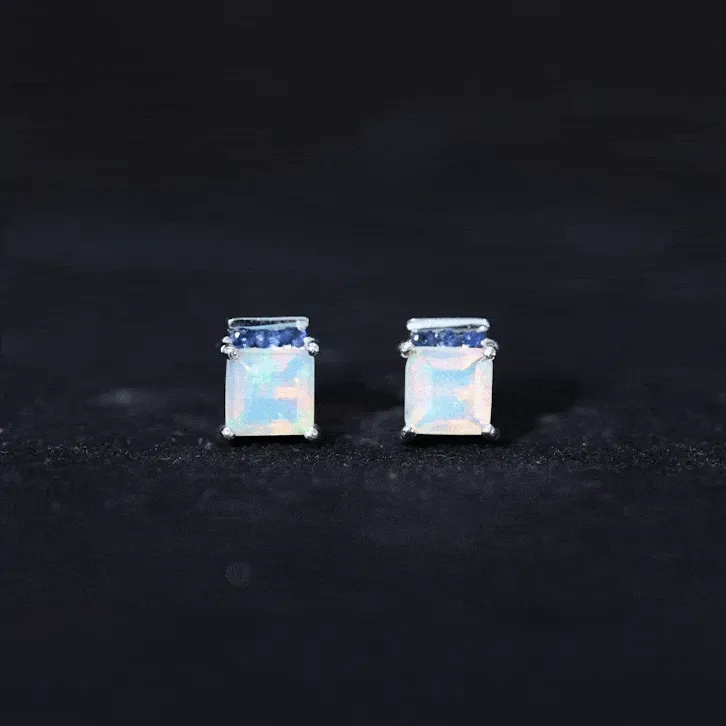 Princess Cut Ethiopian Opal Stud Earrings with Blue Sapphire Trio