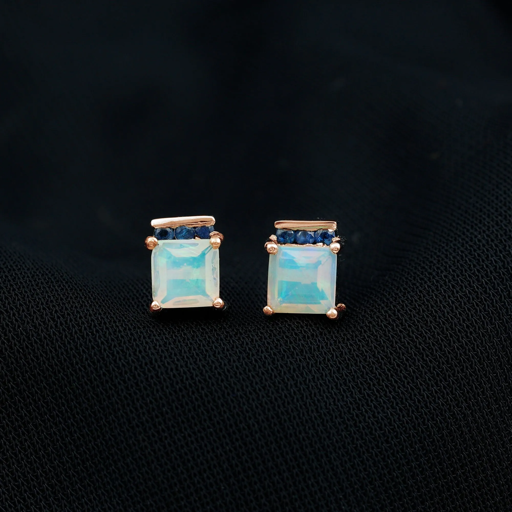 Princess Cut Ethiopian Opal Stud Earrings with Blue Sapphire Trio