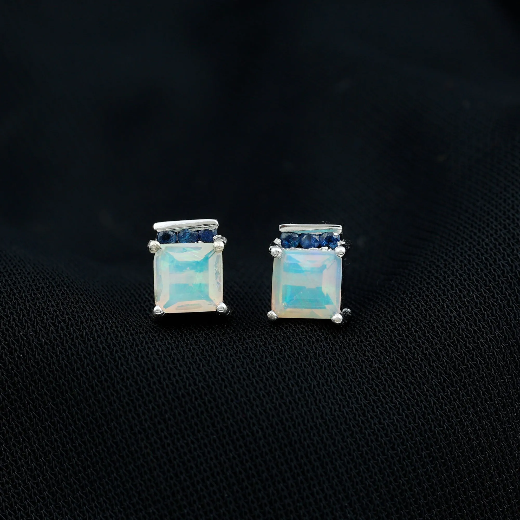 Princess Cut Ethiopian Opal Stud Earrings with Blue Sapphire Trio