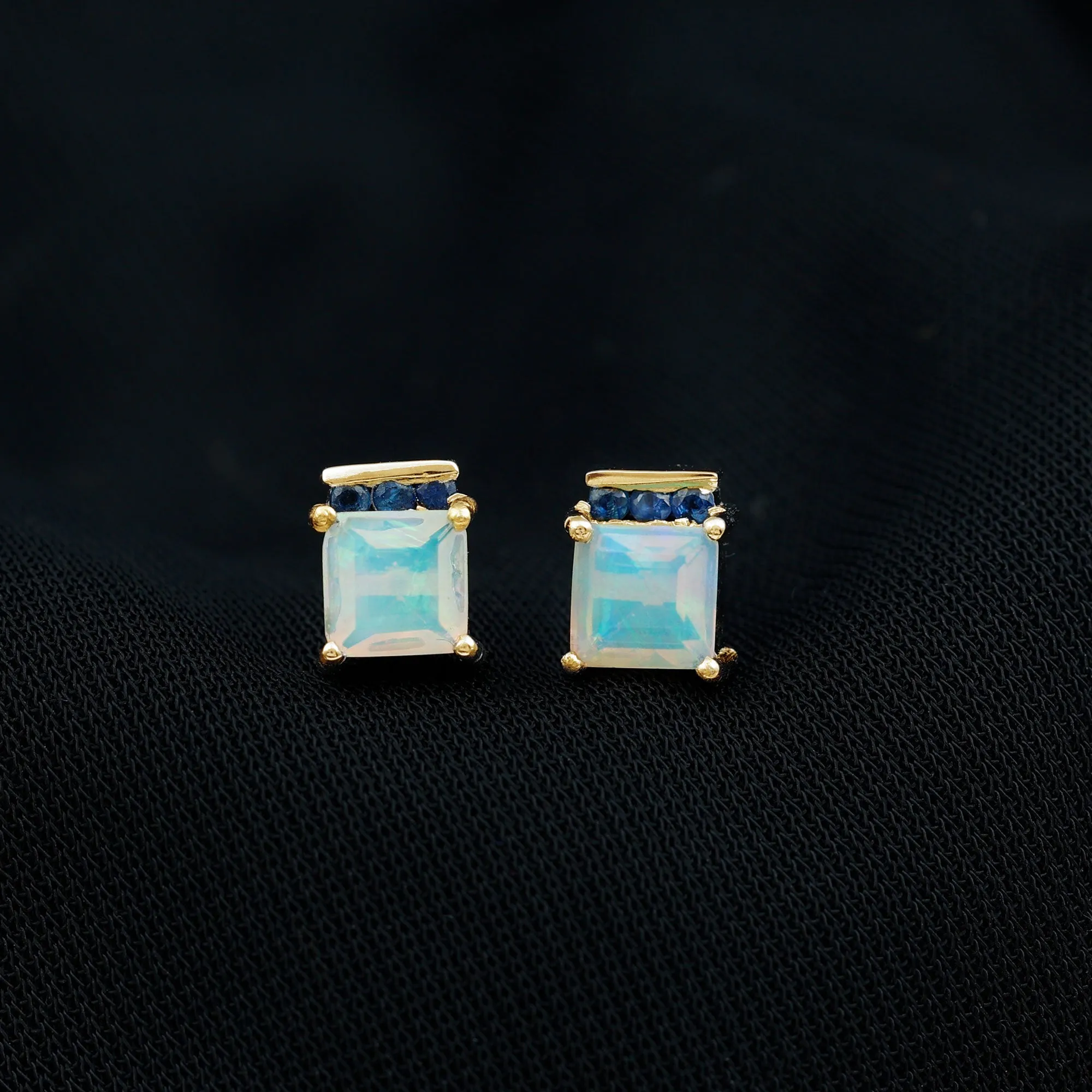 Princess Cut Ethiopian Opal Stud Earrings with Blue Sapphire Trio