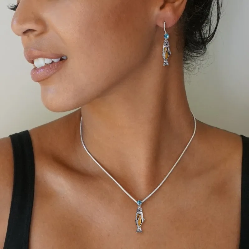 "Treasures from the Stream" Ancient Fossilized Walrus Tusk Ivory and Blue Topaz Silver Earrings