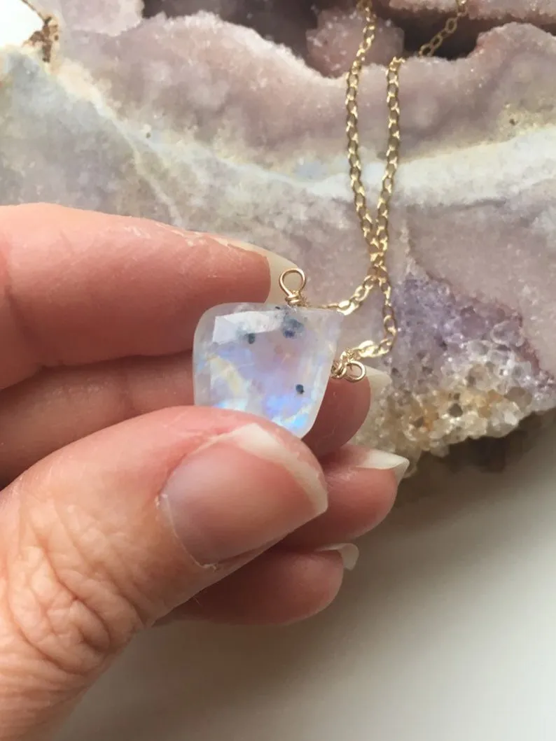 Rainbow Moonstone Crystal Pendant Necklace Sterling Silver or 14kt Gold Filled