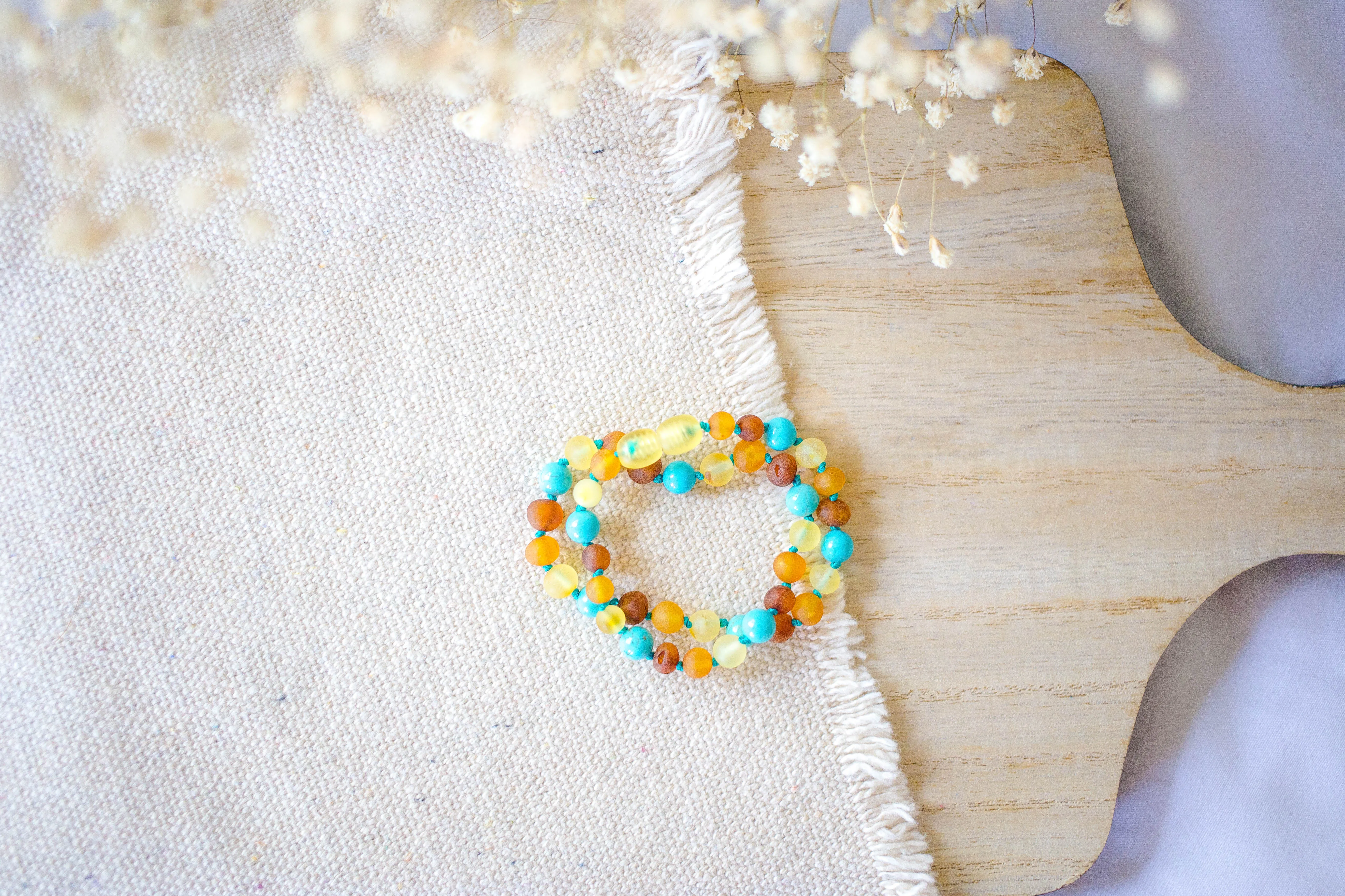 Raw Turquoise   Tri - Color Baltic Amber Necklace ll Drooling ll Arthritis   More.