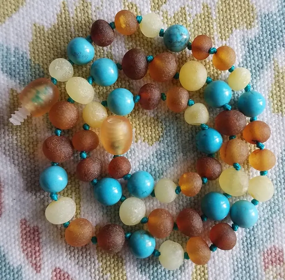 Raw Turquoise   Tri - Color Baltic Amber Necklace ll Drooling ll Arthritis   More.
