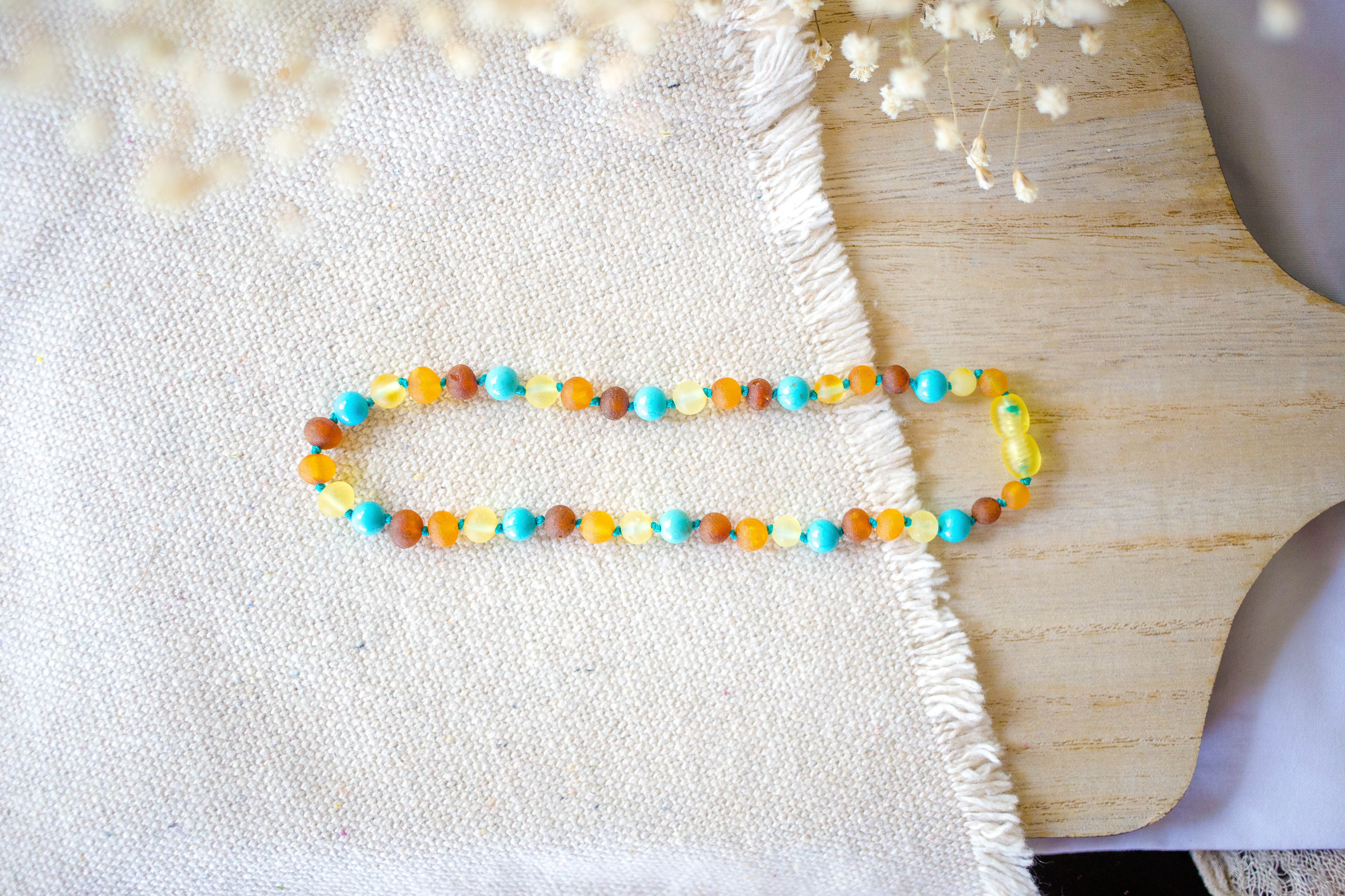Raw Turquoise   Tri - Color Baltic Amber Necklace ll Drooling ll Arthritis   More.
