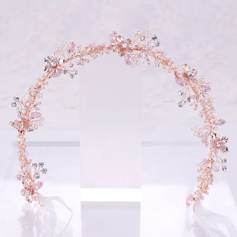 Rose Gold Crystal Pearl Flower Handmade Bridal Tiara
