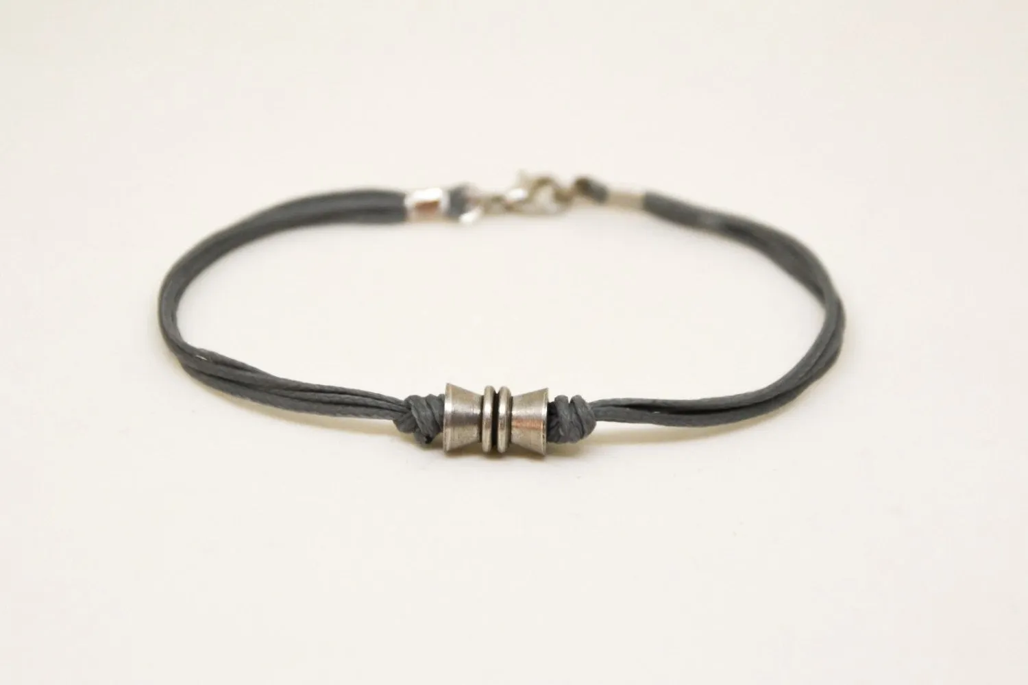 Silver tube bead bracelet for men, gray cord, gift for him