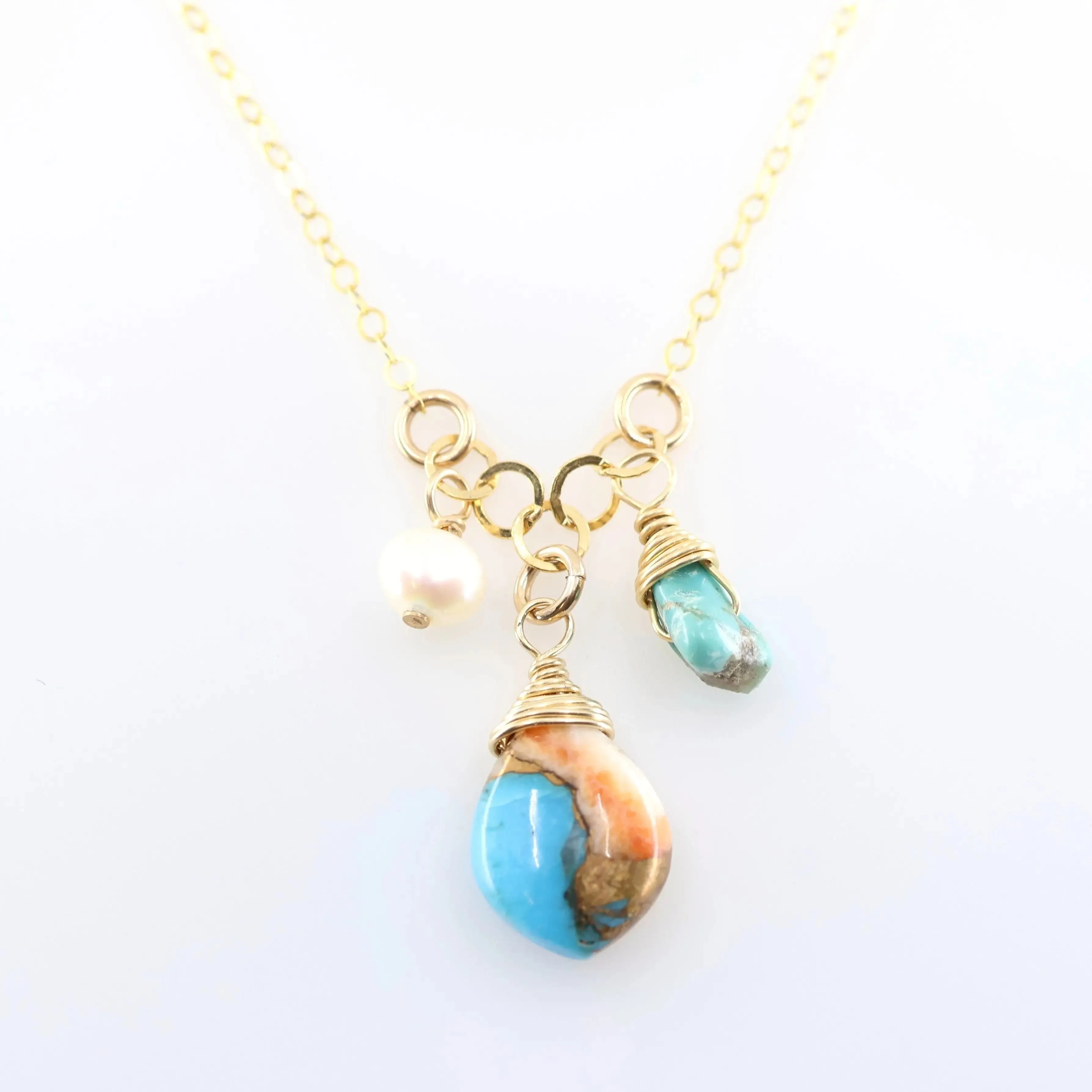 Small Gemstone Cascade Necklace with Spiney Oyster and Turquoise