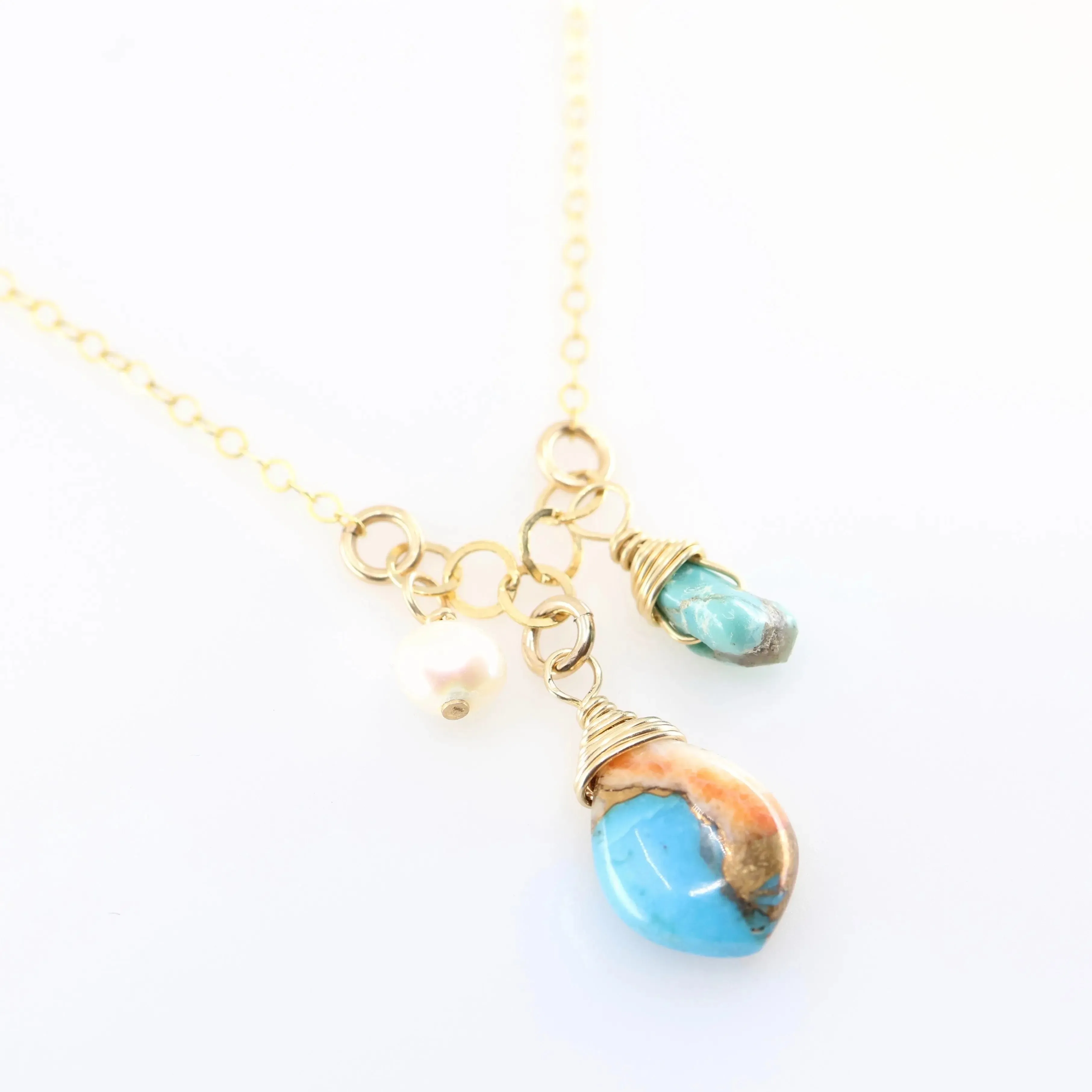 Small Gemstone Cascade Necklace with Spiney Oyster and Turquoise