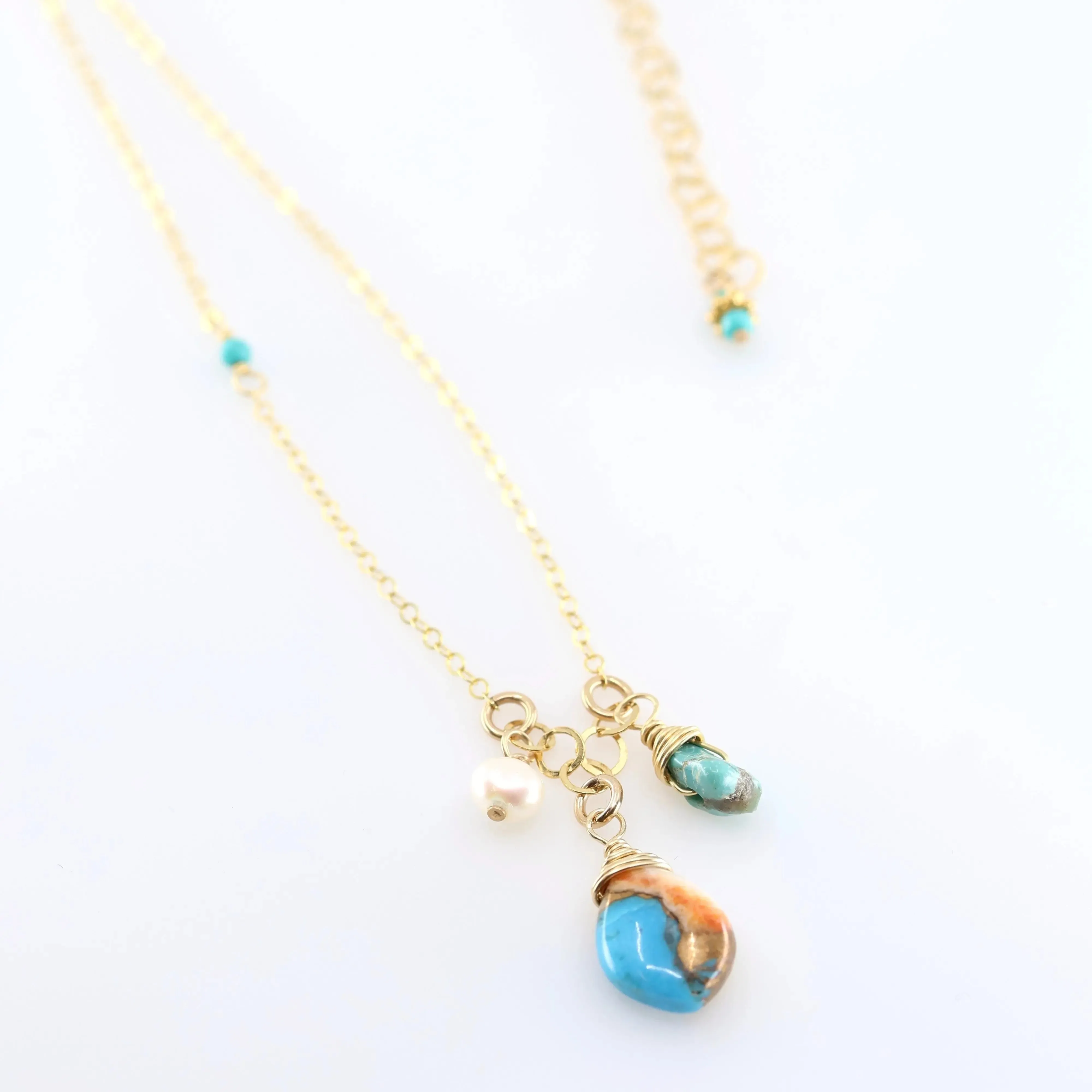 Small Gemstone Cascade Necklace with Spiney Oyster and Turquoise