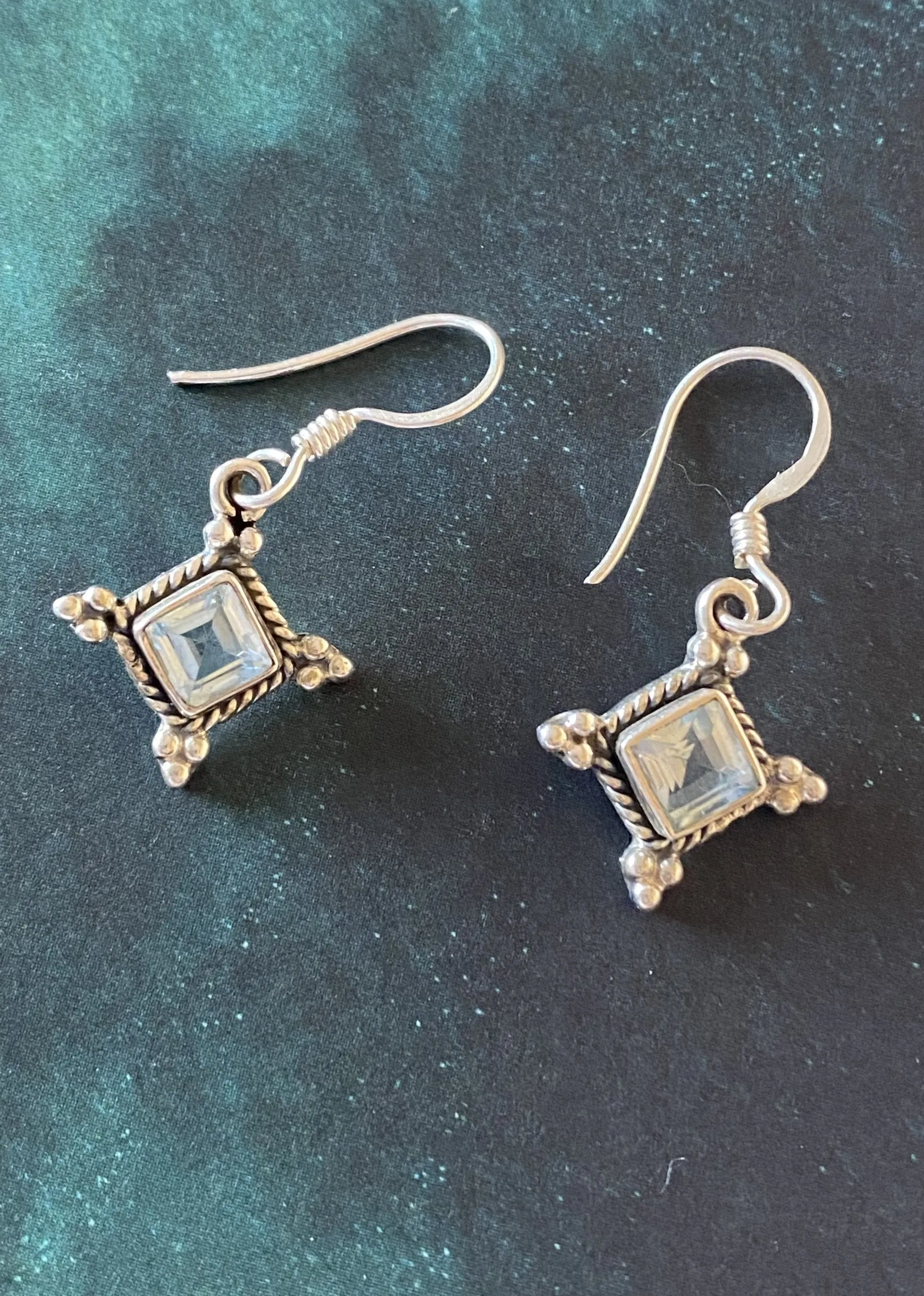 Solid Silver Blue Topaz Diamond shaped Drop Earrings