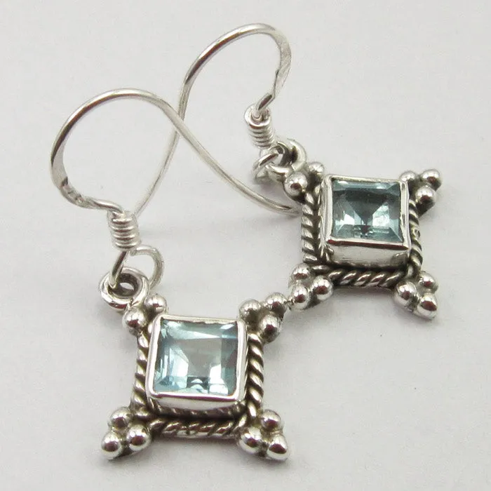 Solid Silver Blue Topaz Diamond shaped Drop Earrings