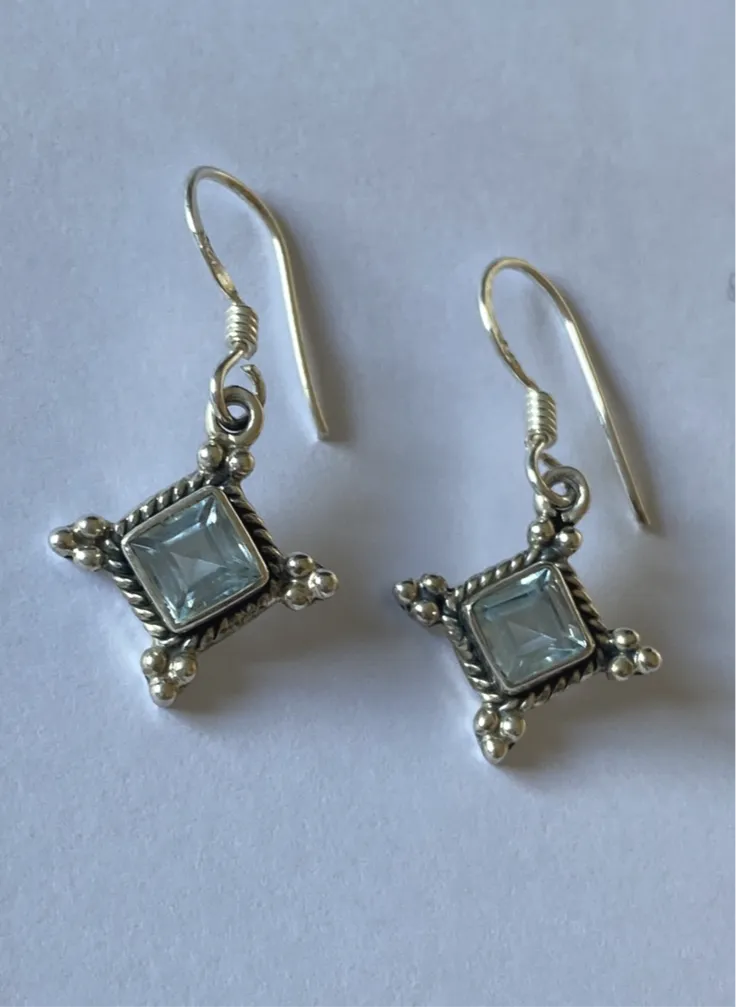 Solid Silver Blue Topaz Diamond shaped Drop Earrings