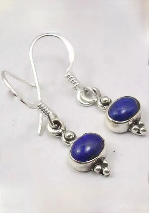 Solid Silver Lapis Lazuli Oval Cabachon Drop Earrings