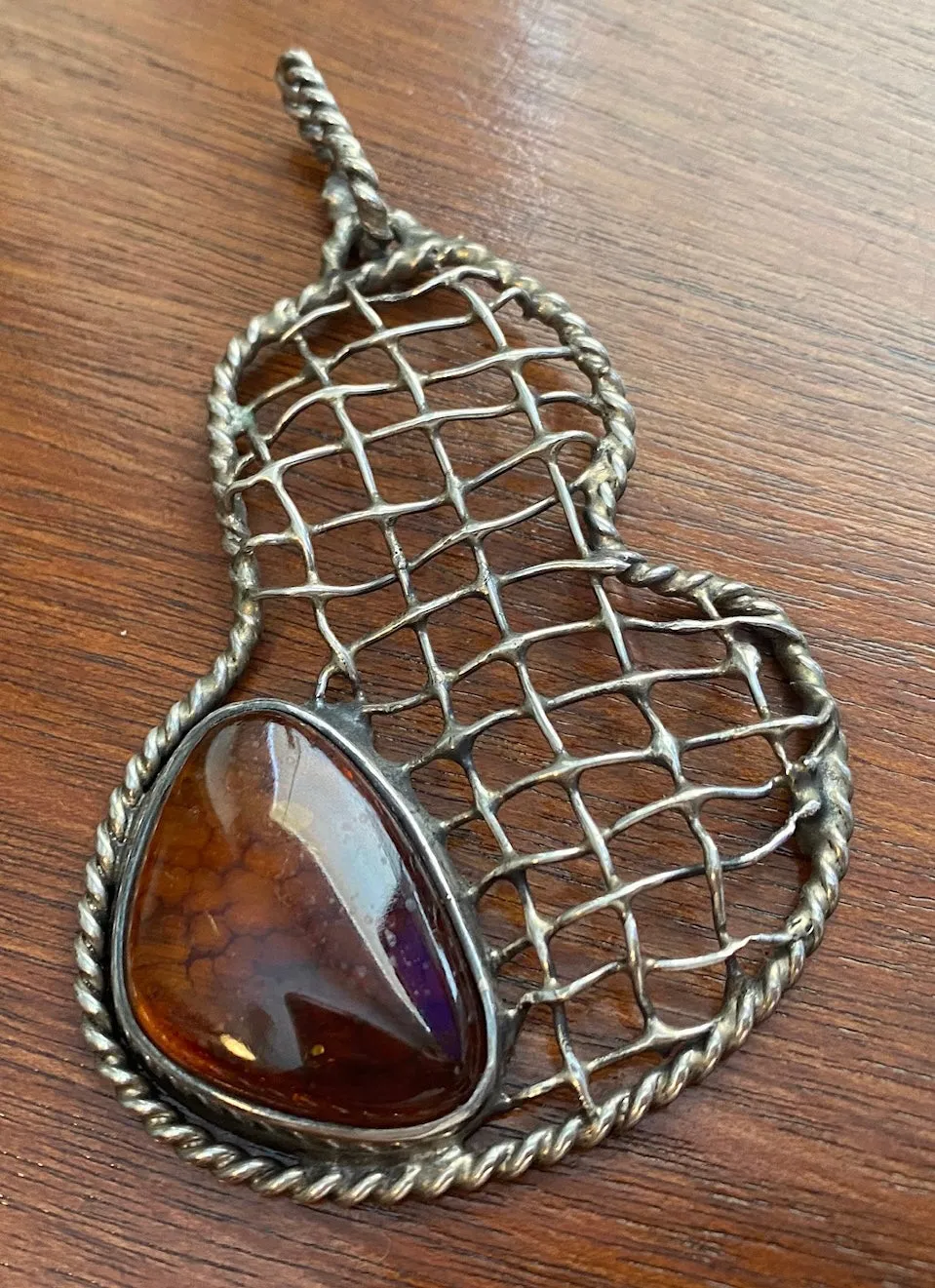 Sterling Silver 925 Large Wire Amber Cabochon Artist Necklace Pendant