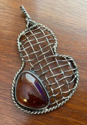 Sterling Silver 925 Large Wire Amber Cabochon Artist Necklace Pendant