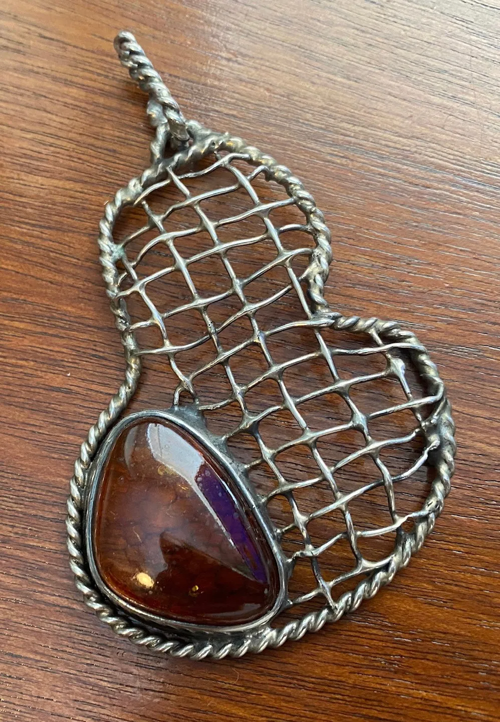 Sterling Silver 925 Large Wire Amber Cabochon Artist Necklace Pendant