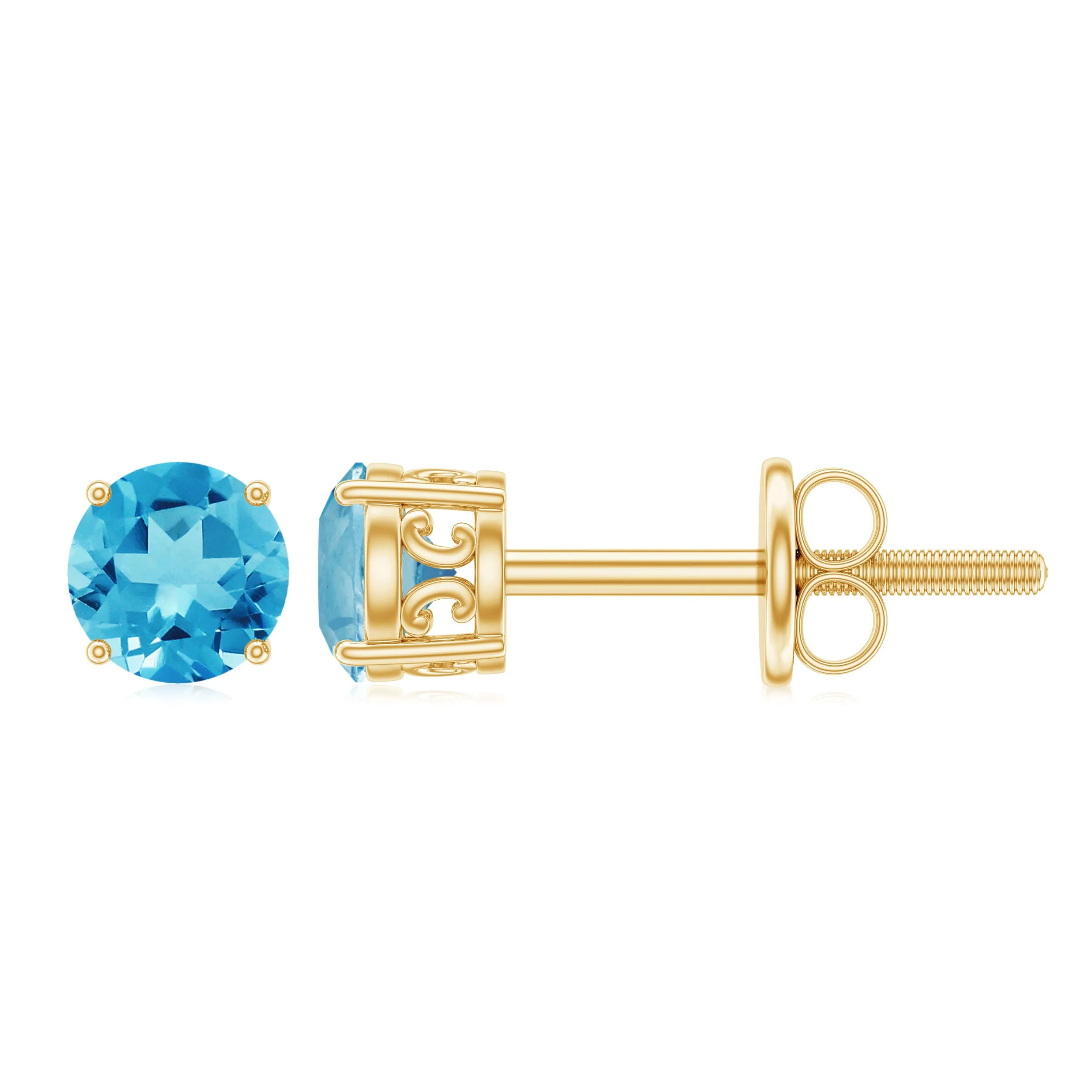 Swiss Blue Topaz Solitaire Stud Earrings in 4 Prong Setting
