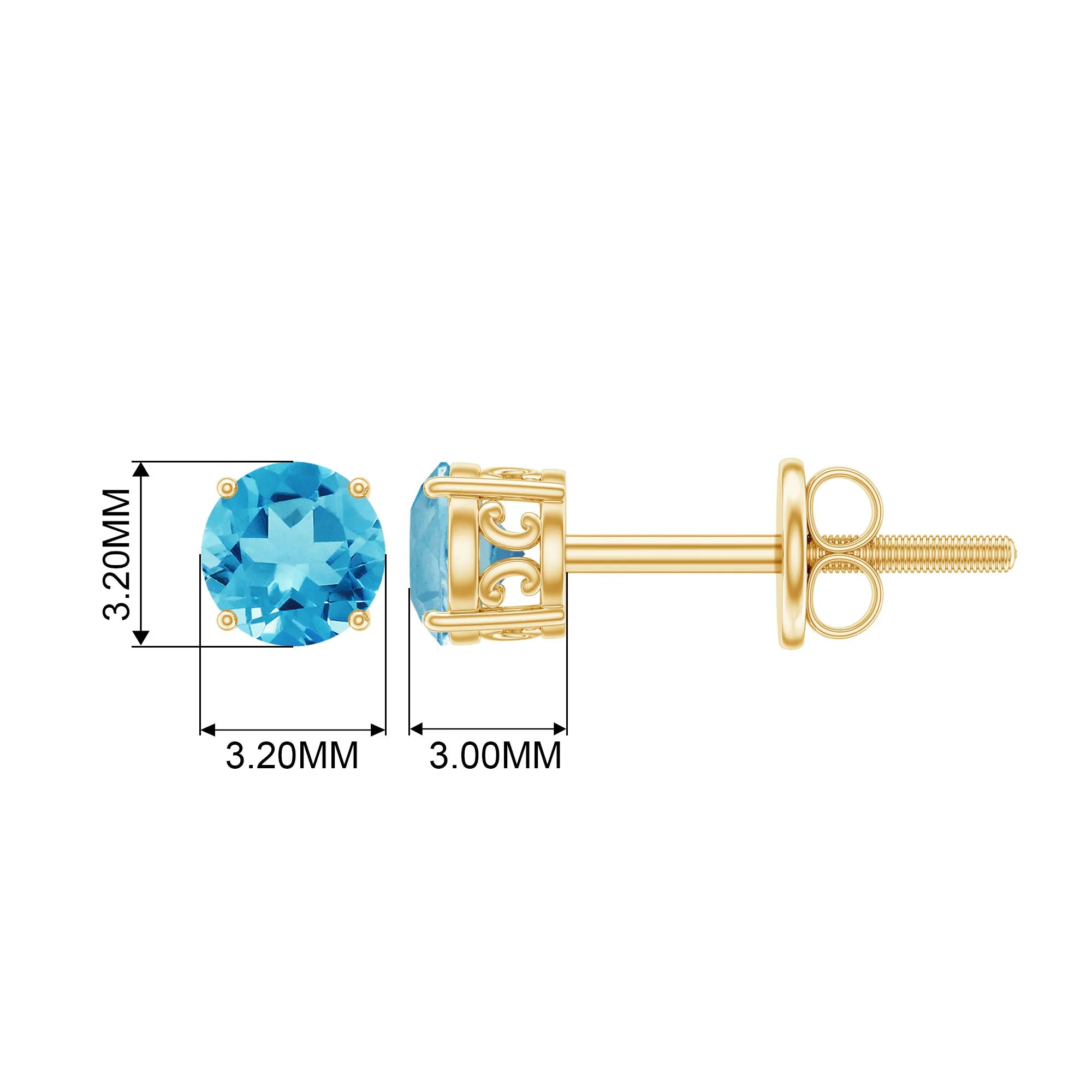 Swiss Blue Topaz Solitaire Stud Earrings in 4 Prong Setting