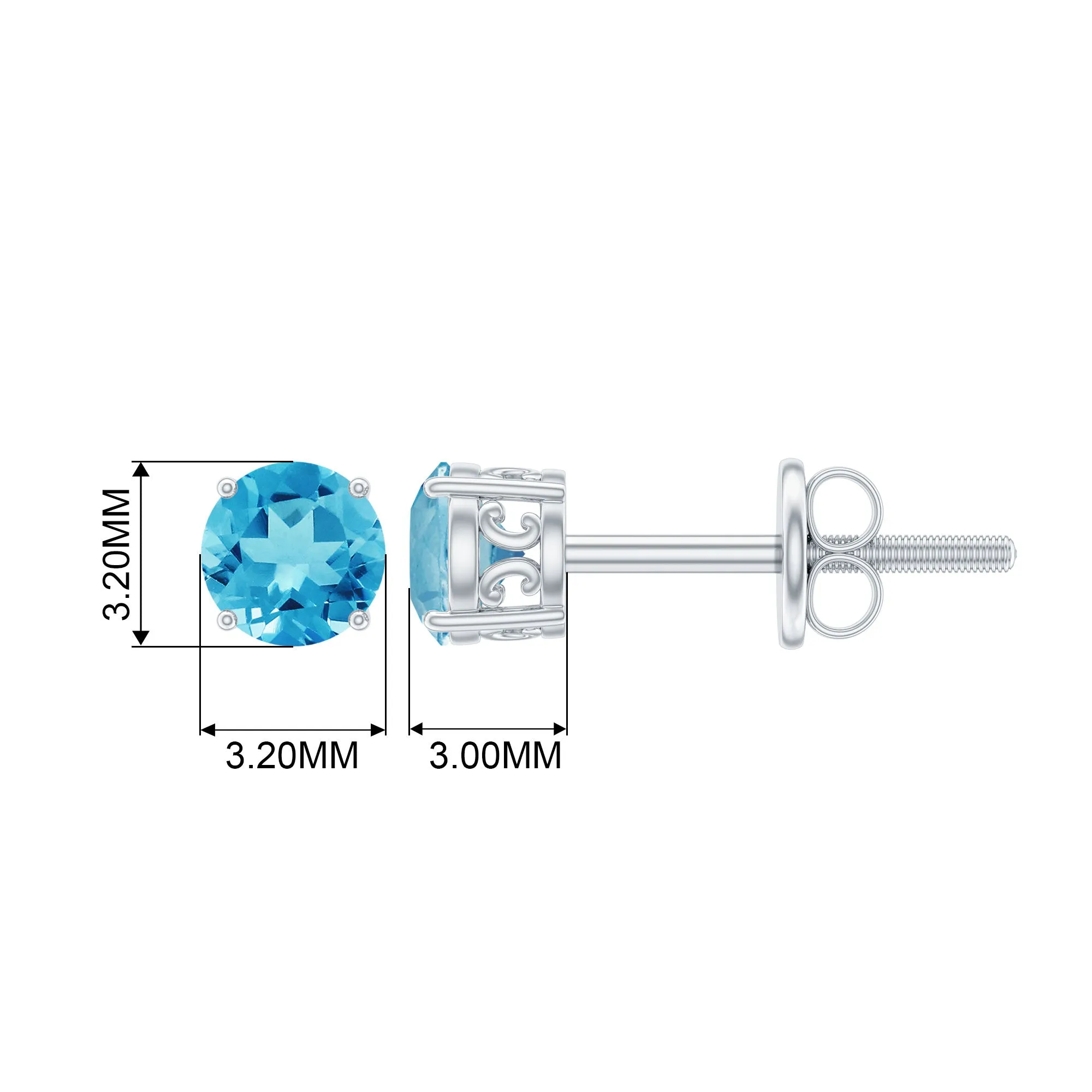 Swiss Blue Topaz Solitaire Stud Earrings in 4 Prong Setting