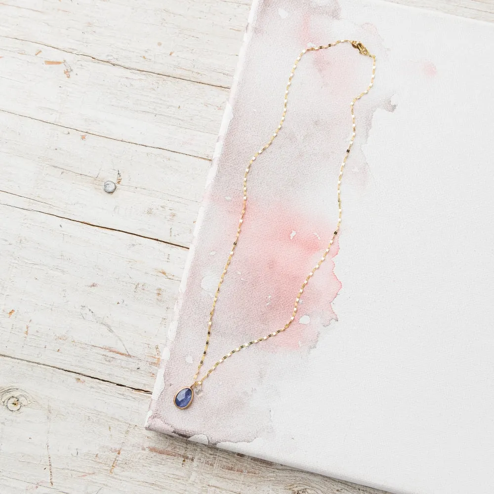 Tanzanite Necklace with Moonstone on Mirror Chain in 14k Gold