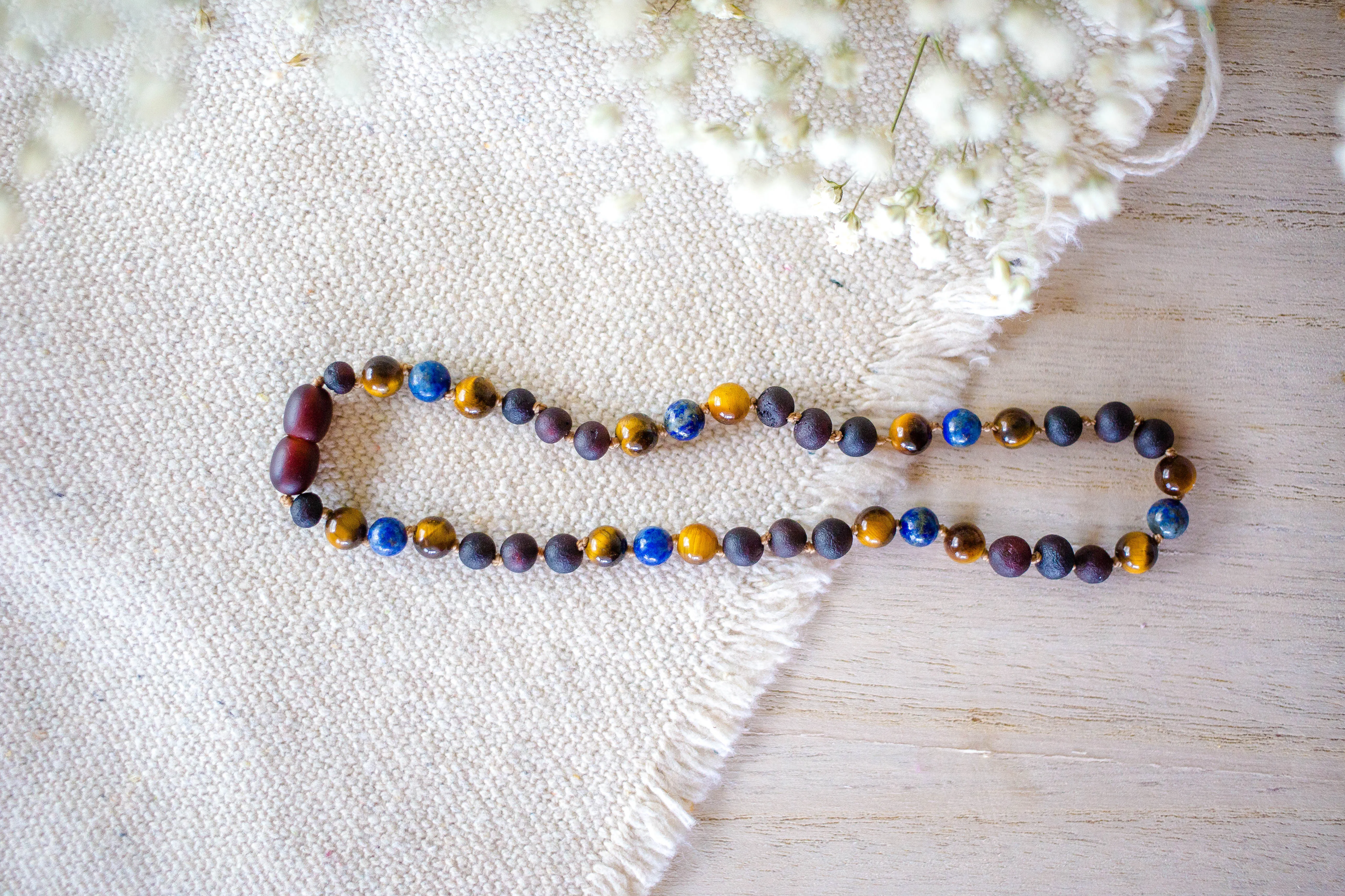 Tiger's Eye and Lapis Lazuli    Raw Baltic Amber Necklace ll Pain ll Calming ll Focus ll POP   Screw Clasp