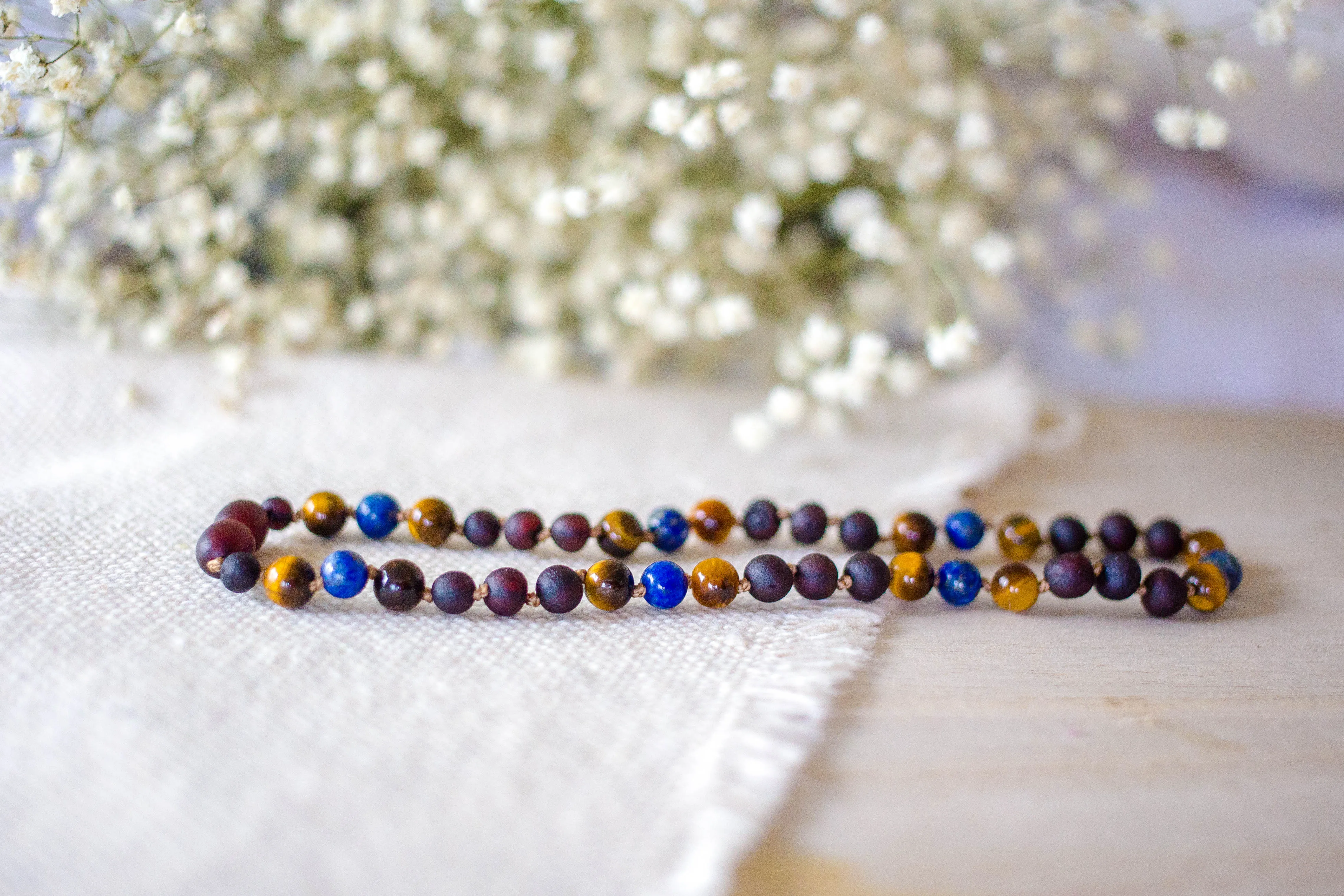 Tiger's Eye and Lapis Lazuli    Raw Baltic Amber Necklace ll Pain ll Calming ll Focus ll POP   Screw Clasp