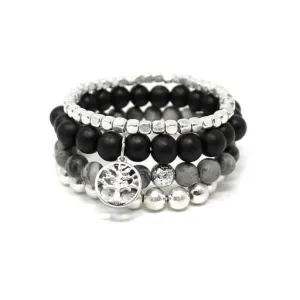 Tree Charm Beaded Bracelet - Silver and Black