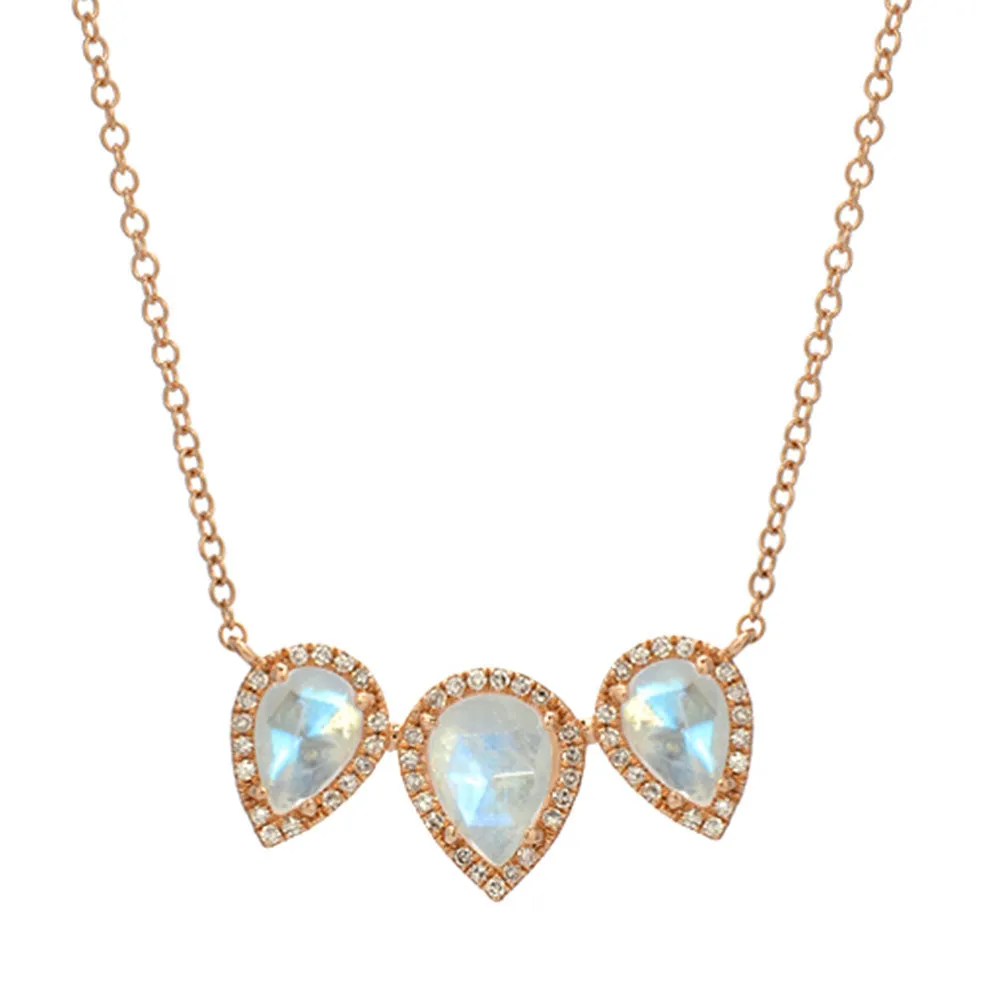 Triple Pear Shape Rainbow Moonstone Necklace