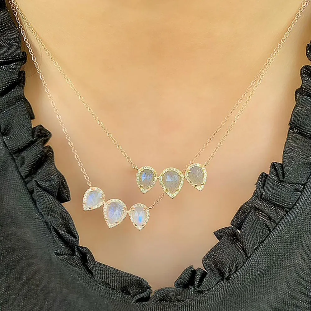 Triple Pear Shape Rainbow Moonstone Necklace