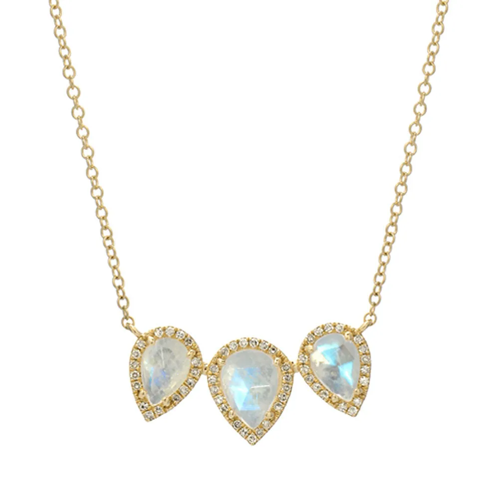 Triple Pear Shape Rainbow Moonstone Necklace