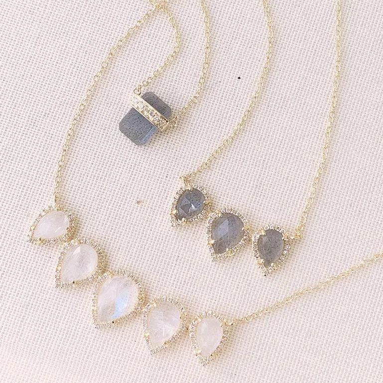 Triple Pear Shape Rainbow Moonstone Necklace