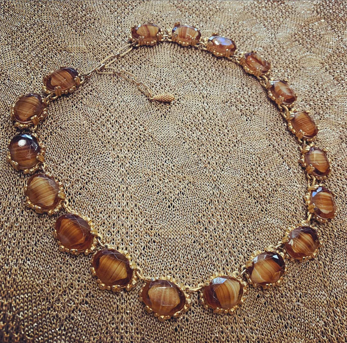 Vintage Agate Glass Brown Amber Necklace by Sphinx