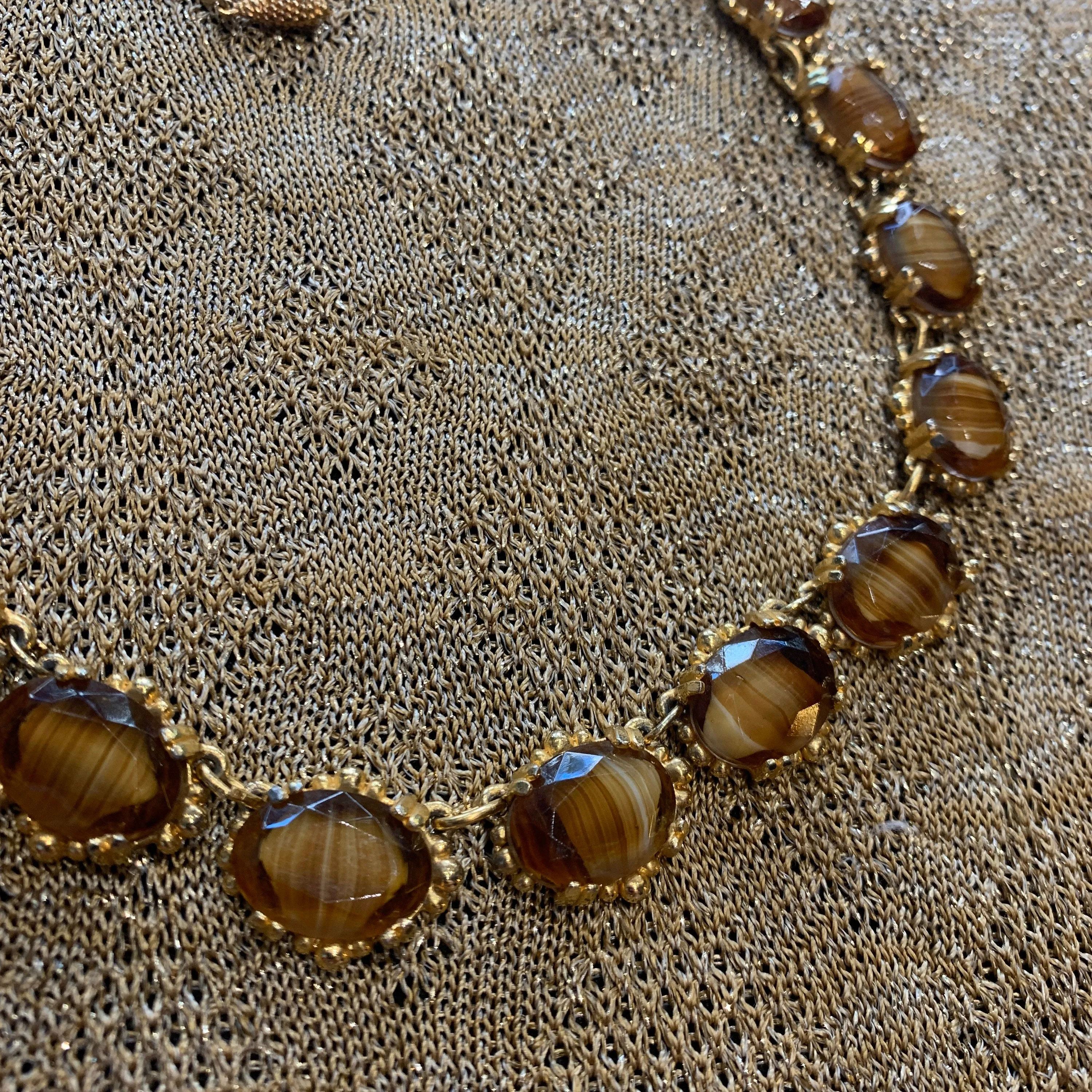 Vintage Agate Glass Brown Amber Necklace by Sphinx