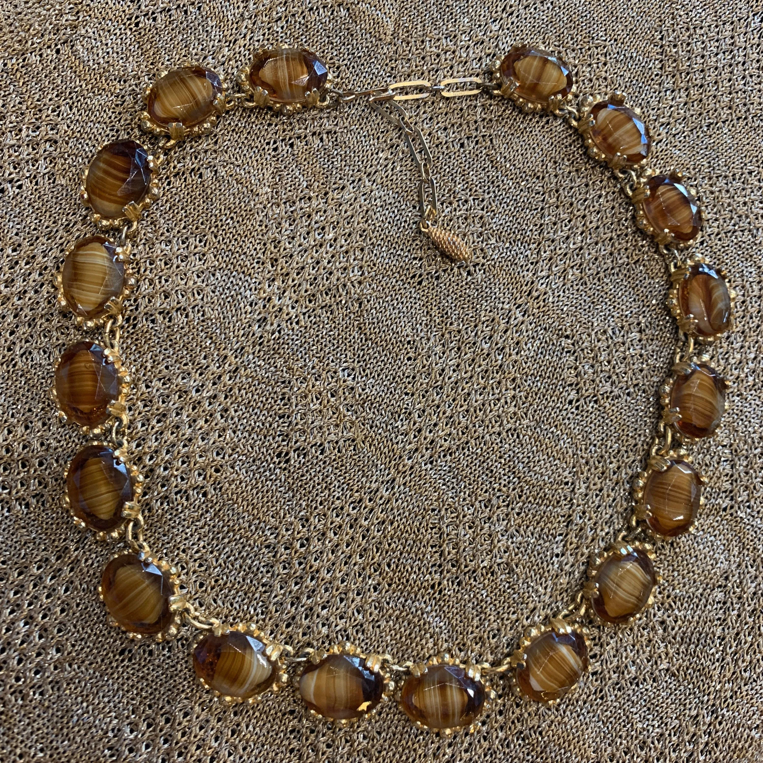 Vintage Agate Glass Brown Amber Necklace by Sphinx
