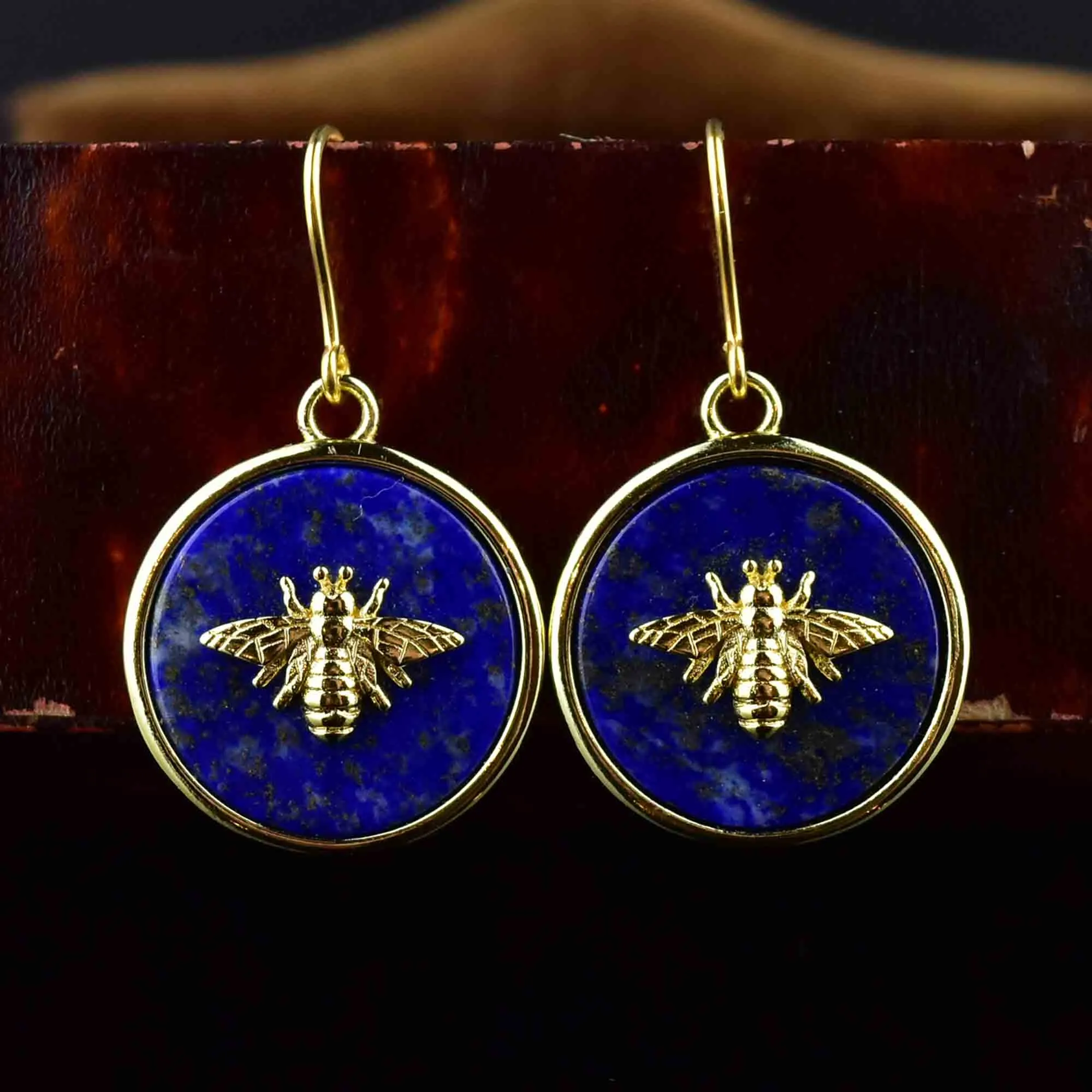 Vintage Gold Bee Lapis Lazuli Earrings