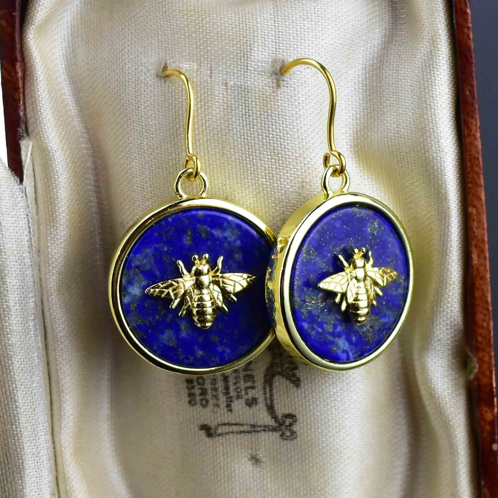 Vintage Gold Bee Lapis Lazuli Earrings
