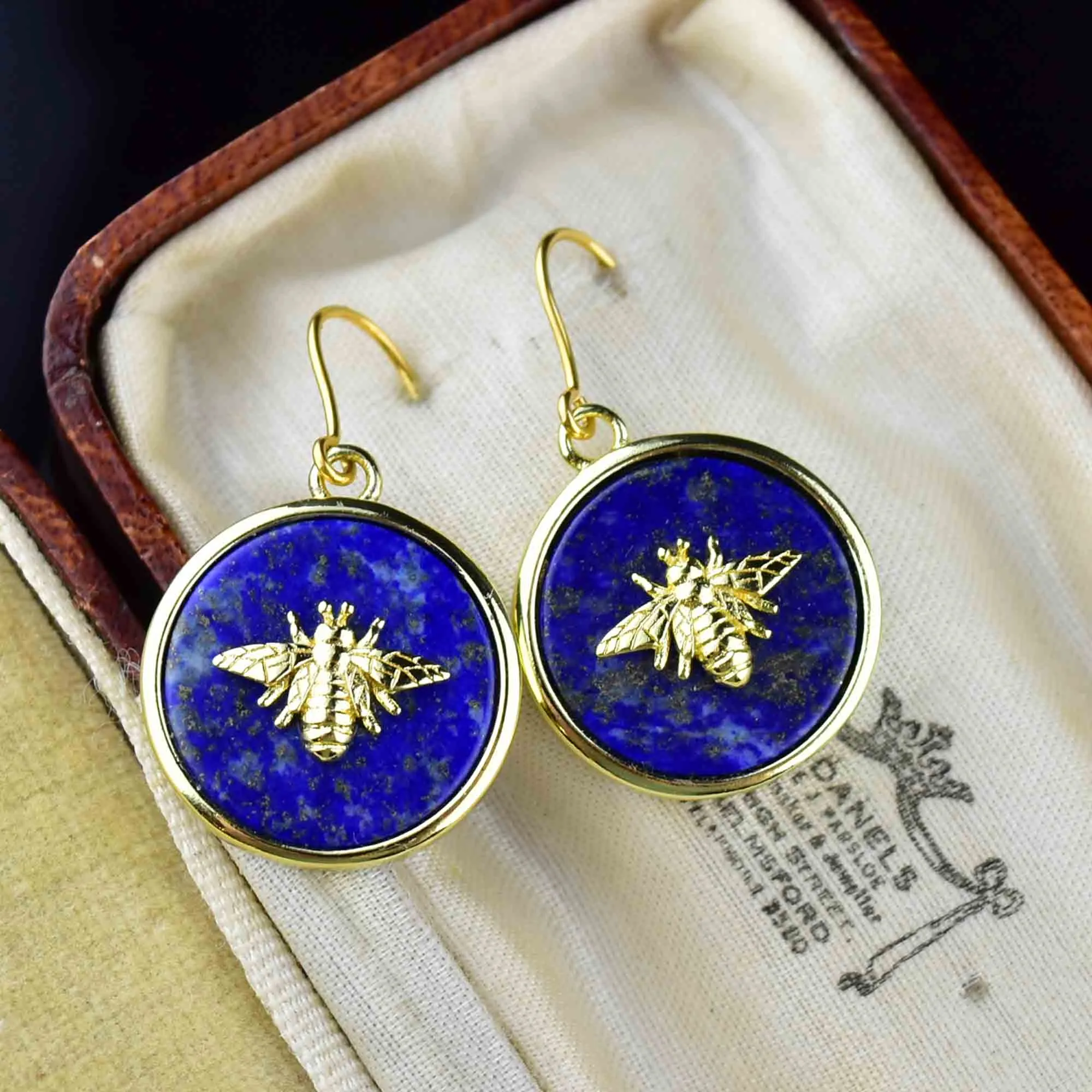 Vintage Gold Bee Lapis Lazuli Earrings