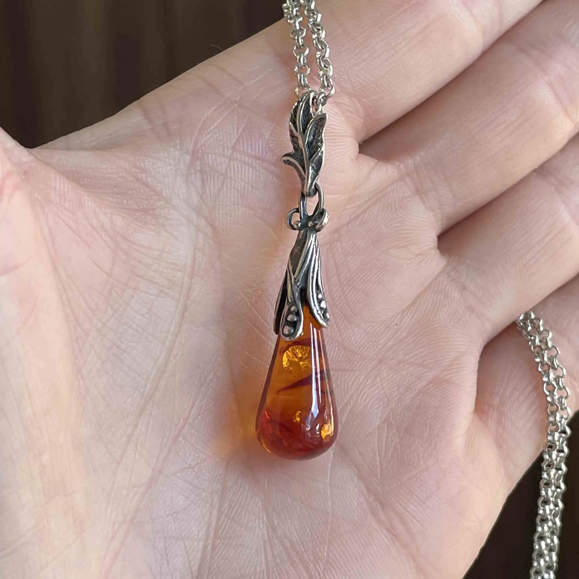 Vintage Silver Baltic Amber Pendant Necklace