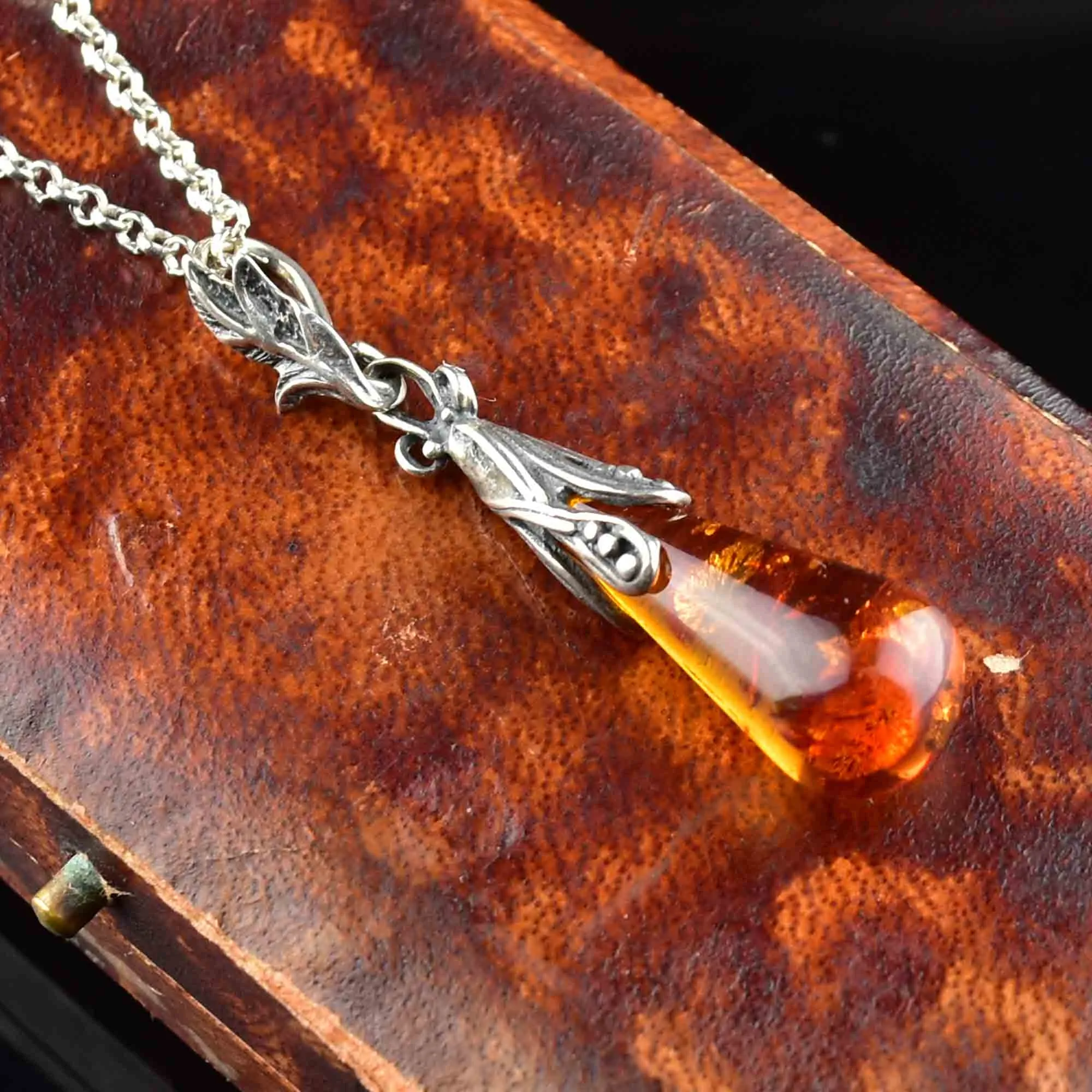 Vintage Silver Baltic Amber Pendant Necklace