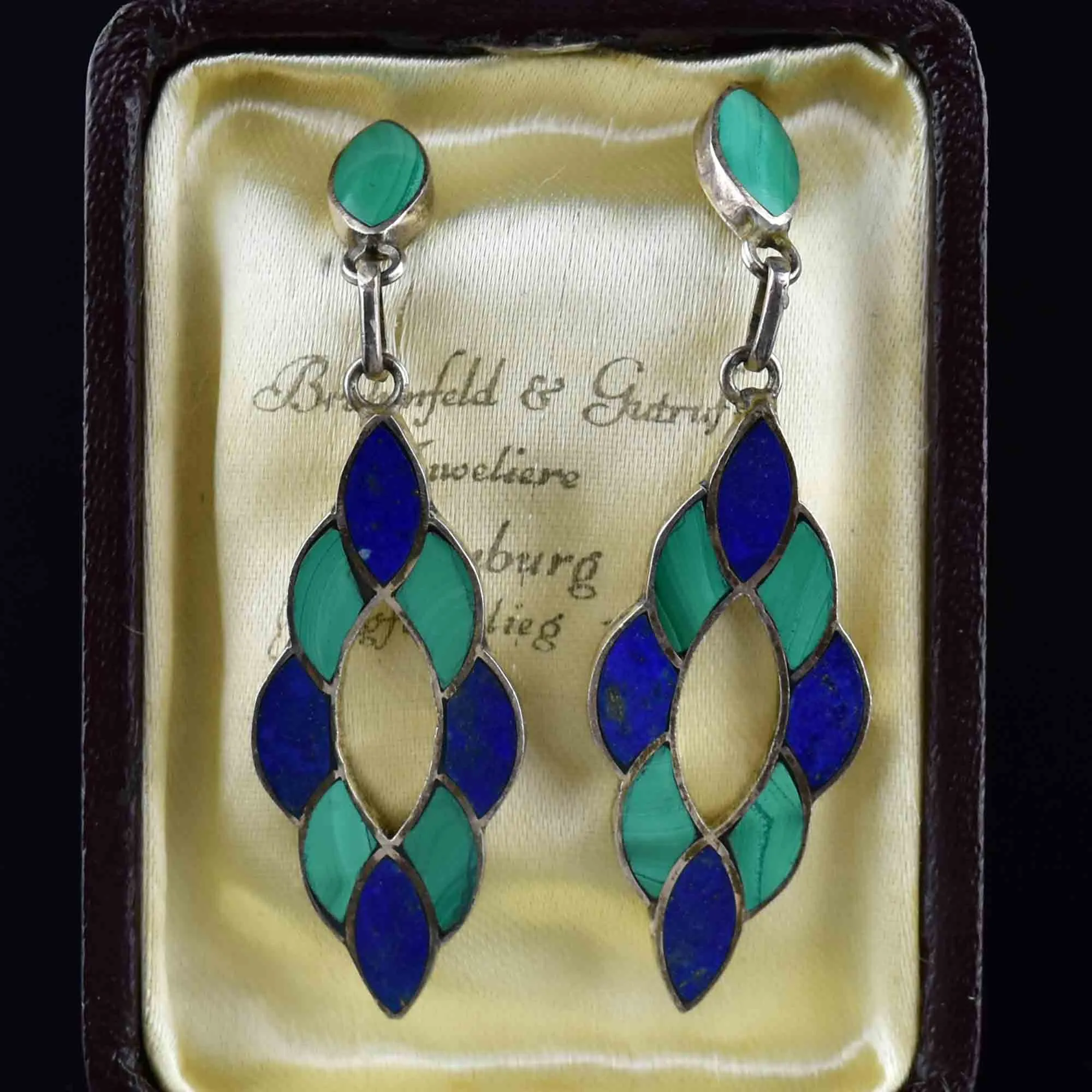 Vintage Silver Lapis Lazuli Malachite Chandelier Earrings