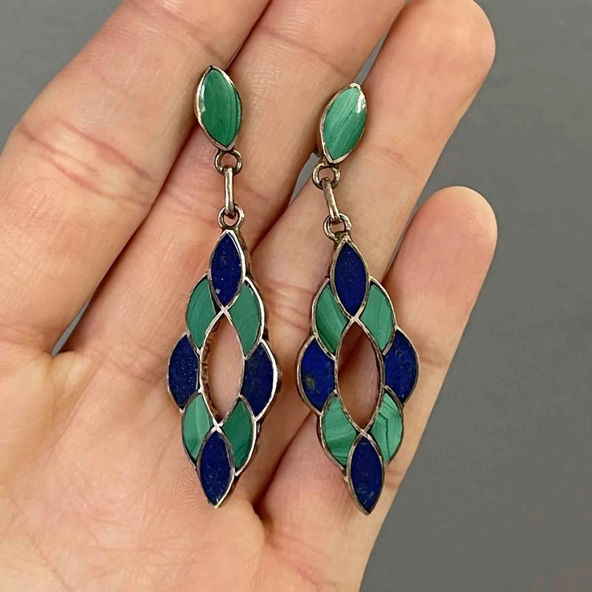 Vintage Silver Lapis Lazuli Malachite Chandelier Earrings