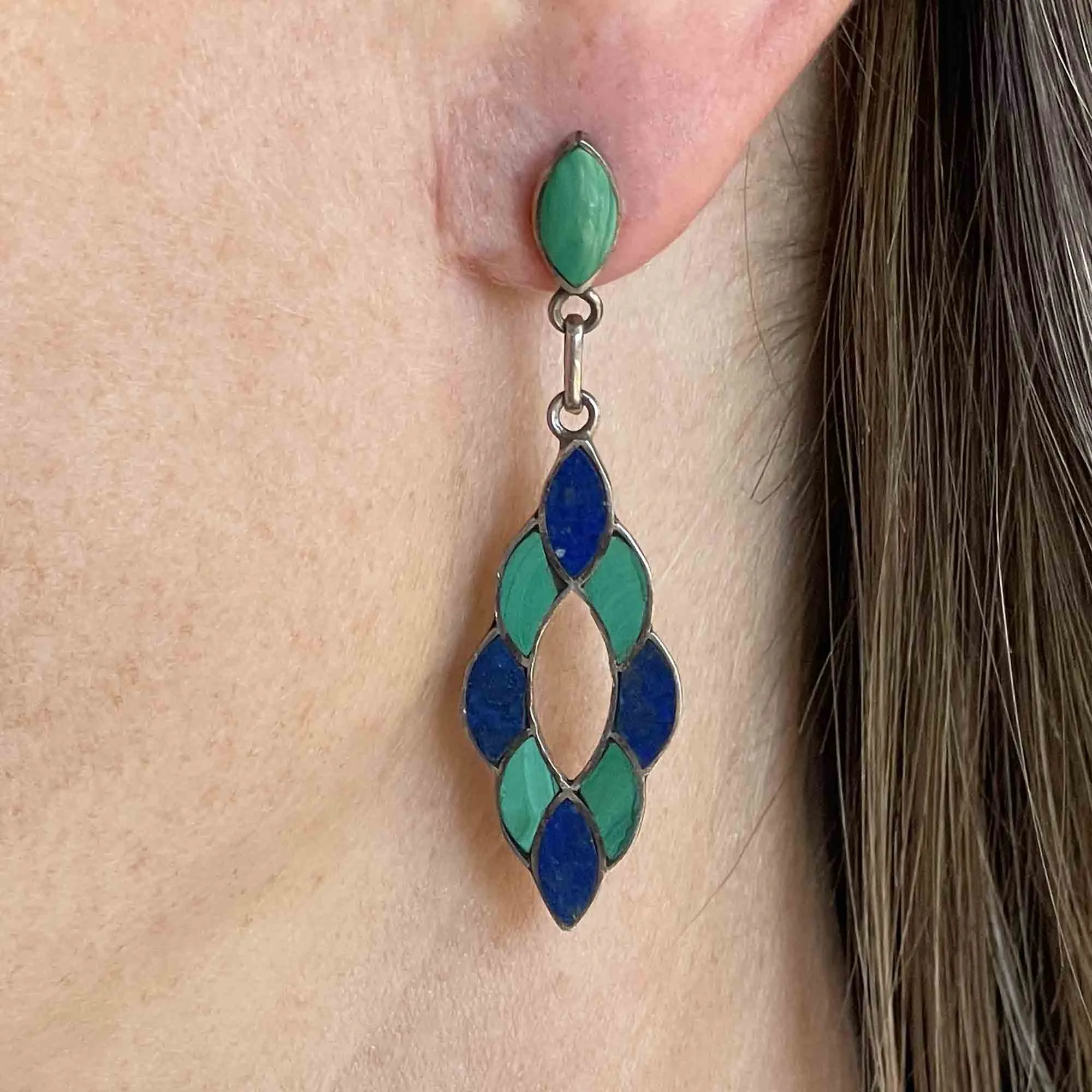 Vintage Silver Lapis Lazuli Malachite Chandelier Earrings