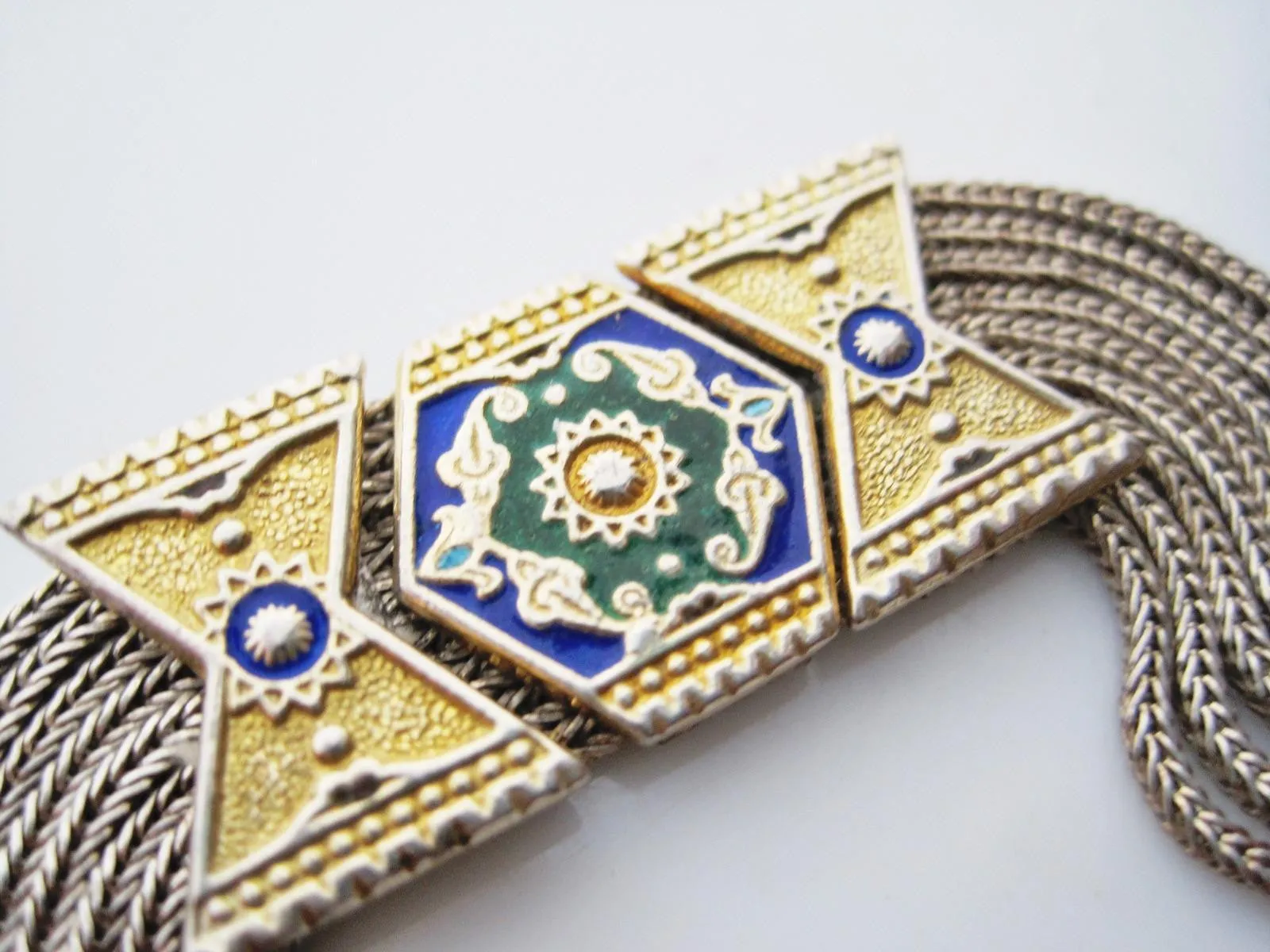 Vintage Turkish Sterling Silver, Gold Plate and Enamel Mesh Bracelet