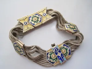 Vintage Turkish Sterling Silver, Gold Plate and Enamel Mesh Bracelet