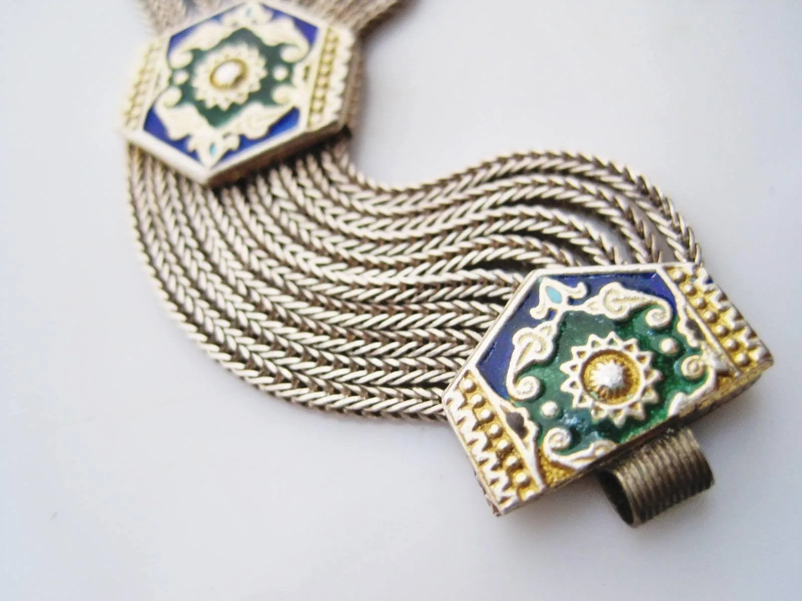 Vintage Turkish Sterling Silver, Gold Plate and Enamel Mesh Bracelet