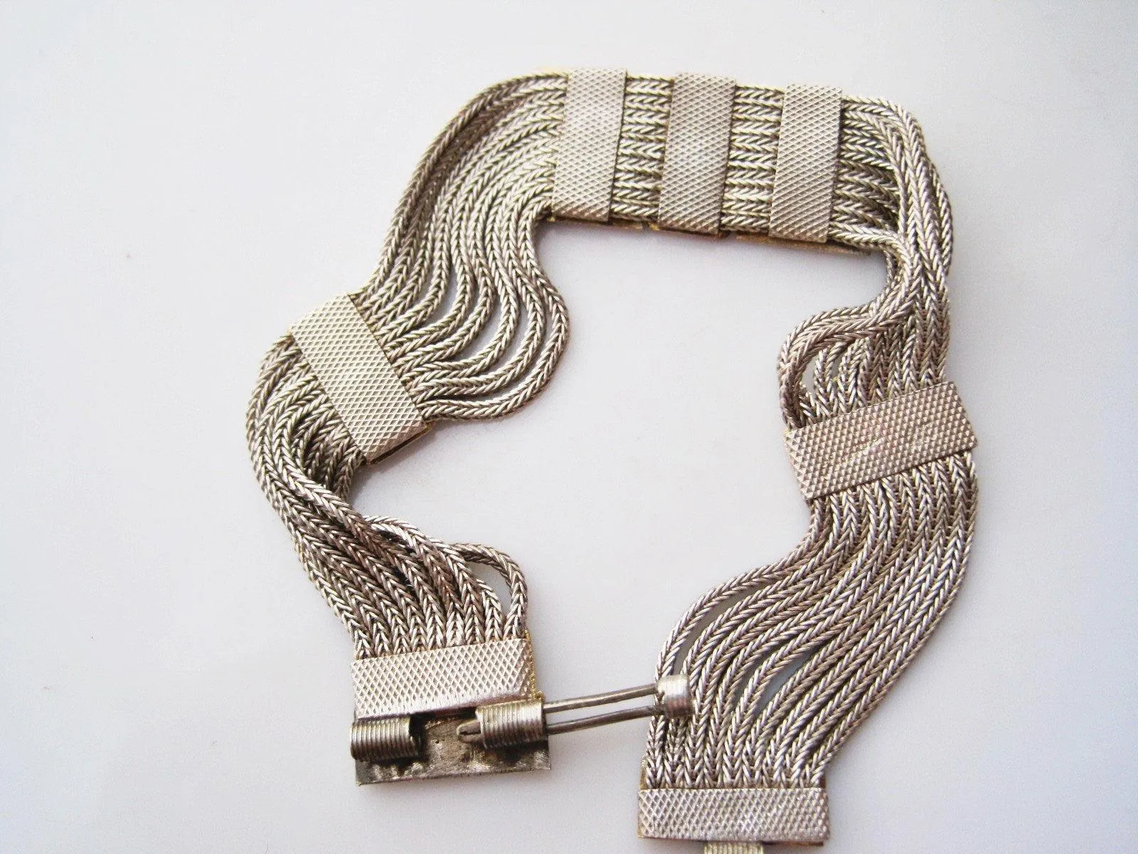 Vintage Turkish Sterling Silver, Gold Plate and Enamel Mesh Bracelet