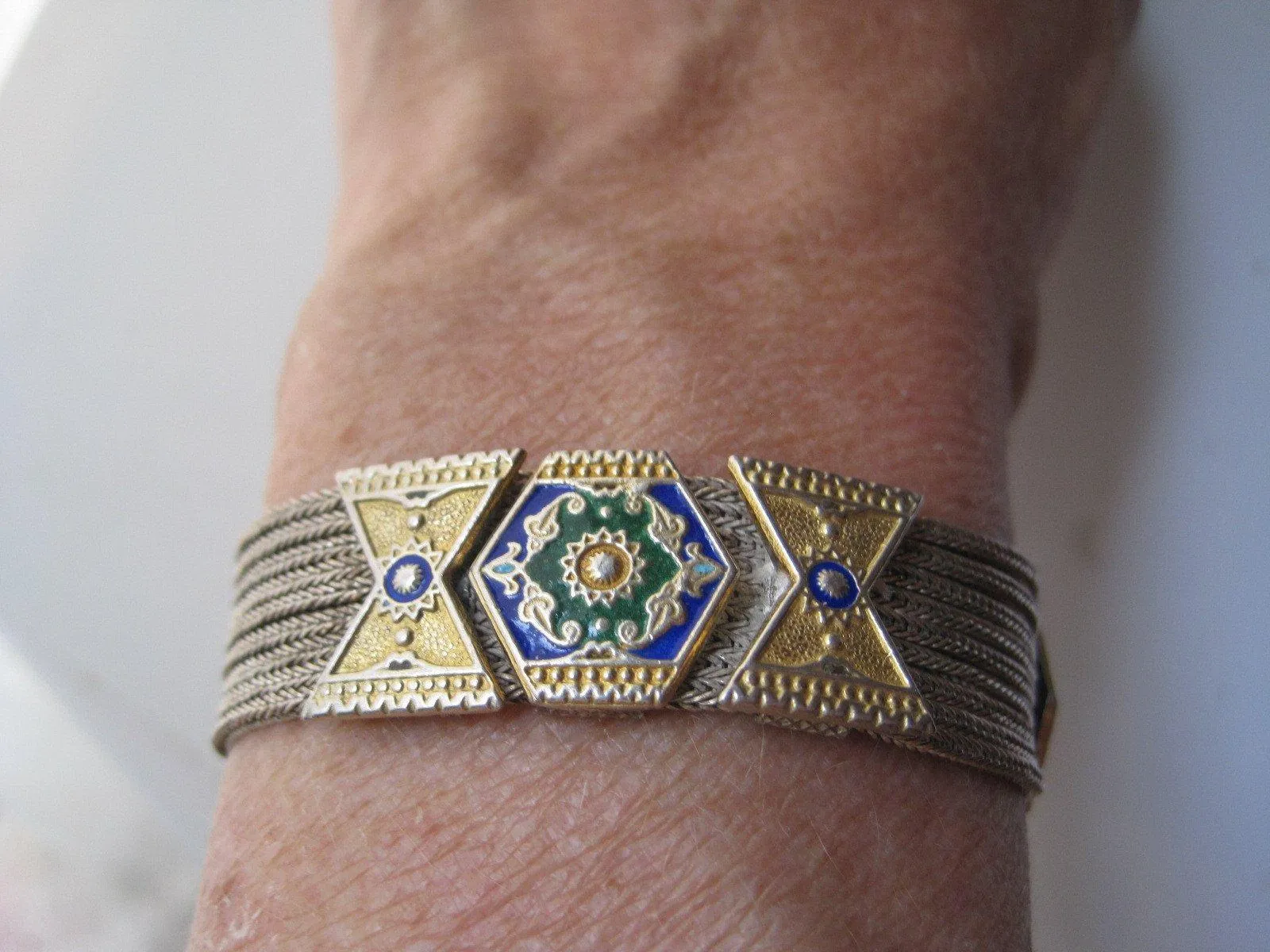 Vintage Turkish Sterling Silver, Gold Plate and Enamel Mesh Bracelet
