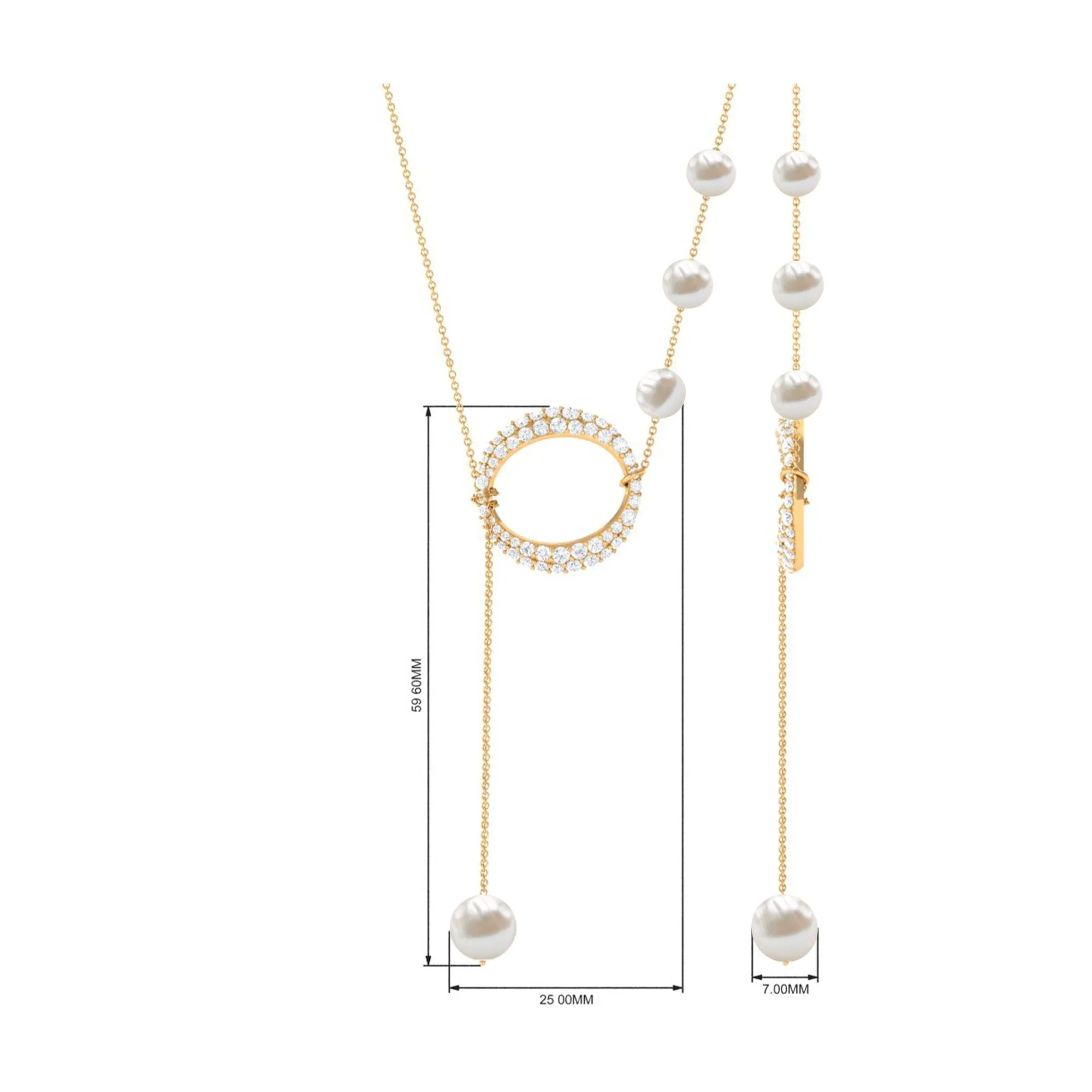 White Freshwater Pearl and Diamond Lariat Eternity Necklace