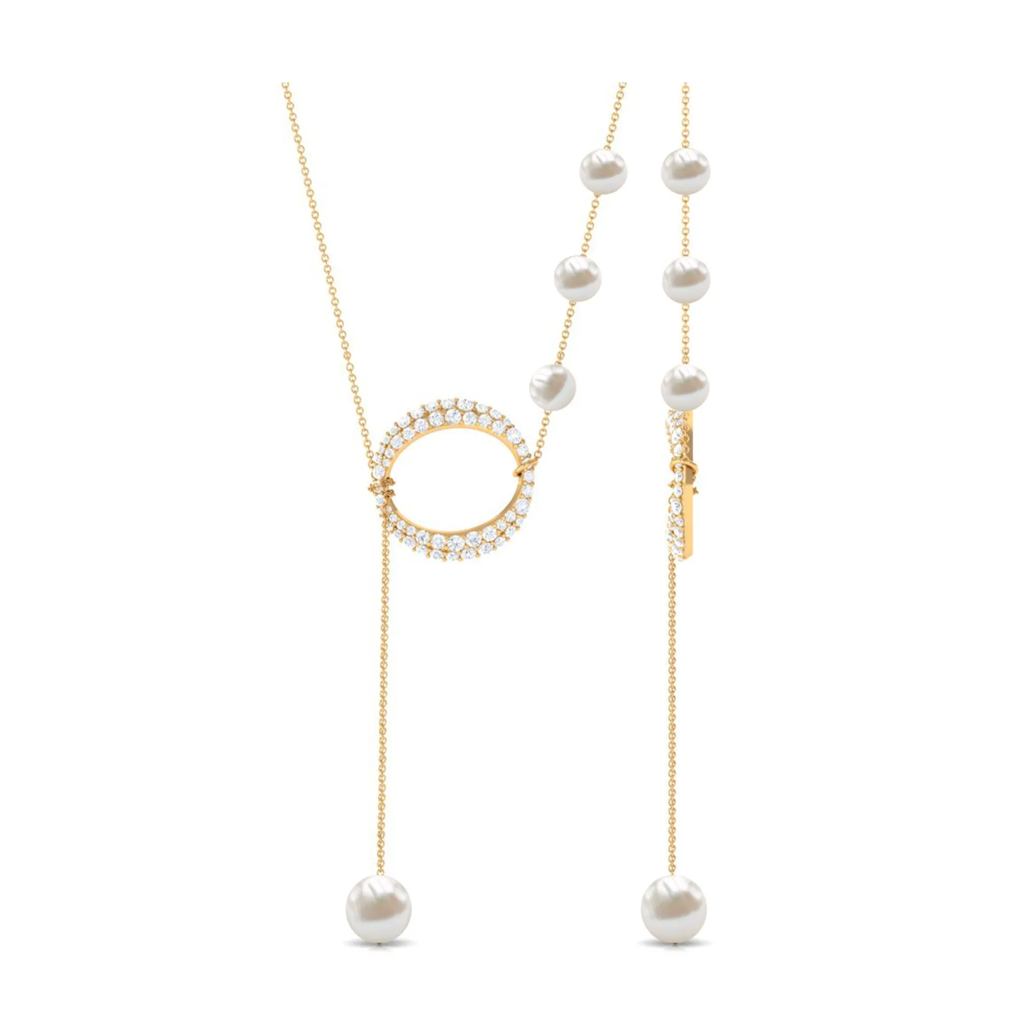 White Freshwater Pearl and Diamond Lariat Eternity Necklace